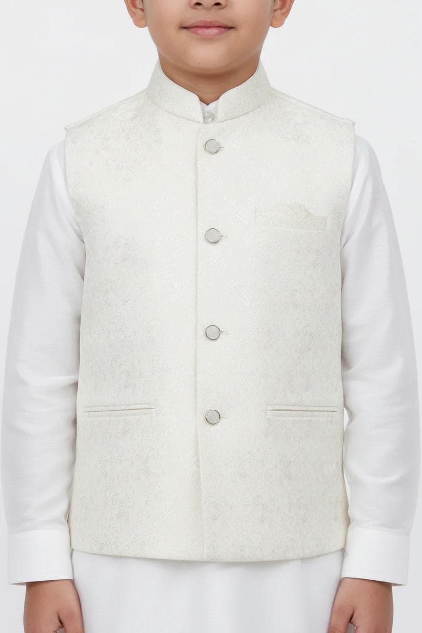 Boy in Off-White Floral Waistcoat – Close Up