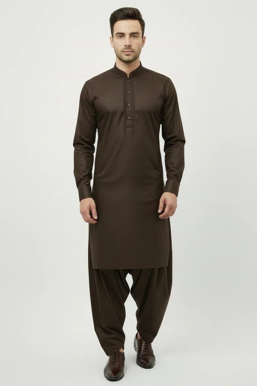 Men's Shalwar Kameez Dark Brown Piyala Embroidery