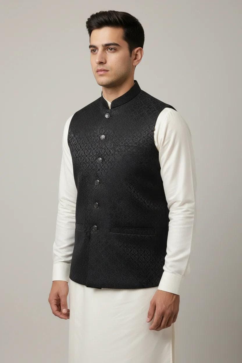Men's Black Geometric Design Jamawar Waistcoat