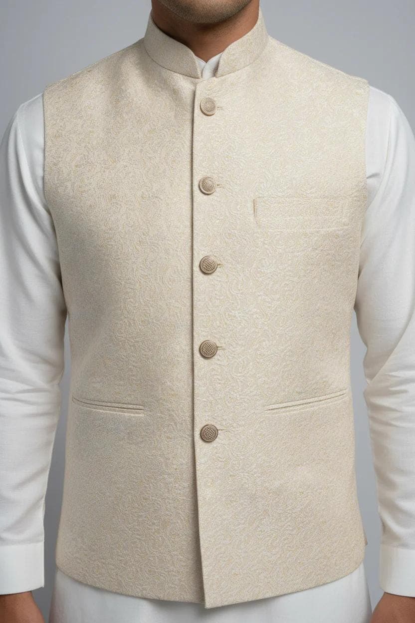 Ivory on Champagne Base Marble Design Jamawar Waistcoat Close Up