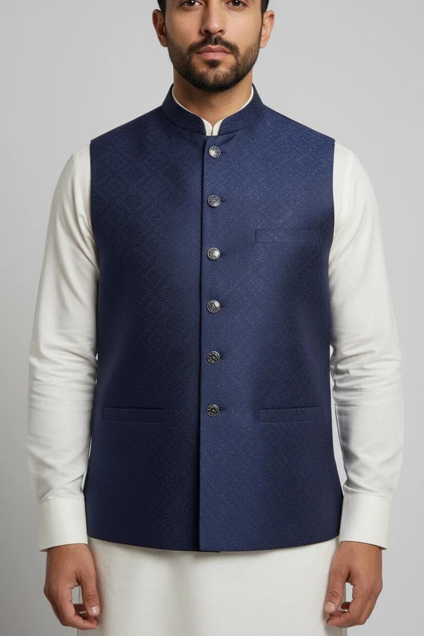 Navy waistcoat close-up on model