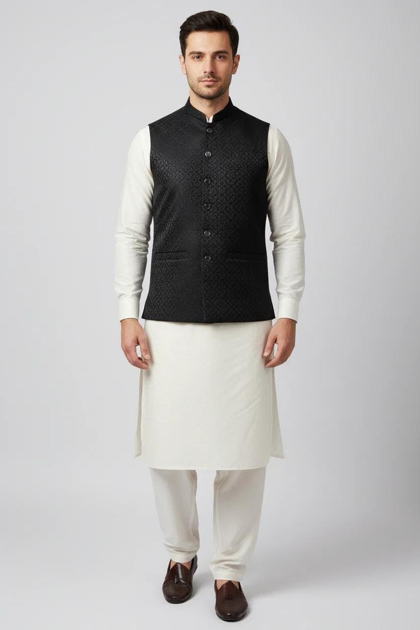 Black Geometric Design Jamawar Waistcoat Full