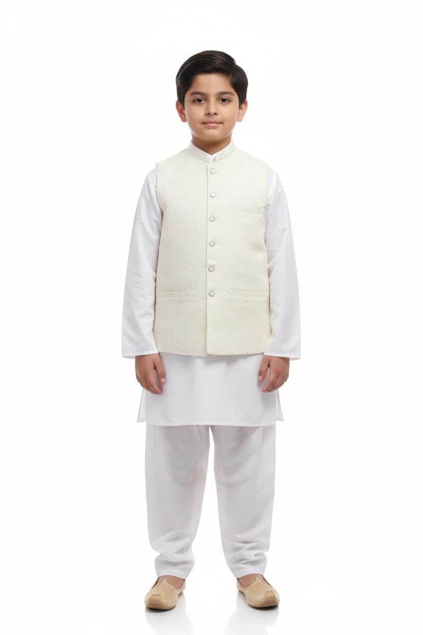 Boys Cream Medallion Design Jamawar Waistcoat