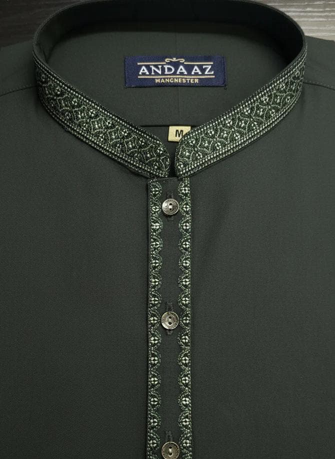 Boys Shalwar Kameez Forest Green Multi Colour Split Placket Embroidery