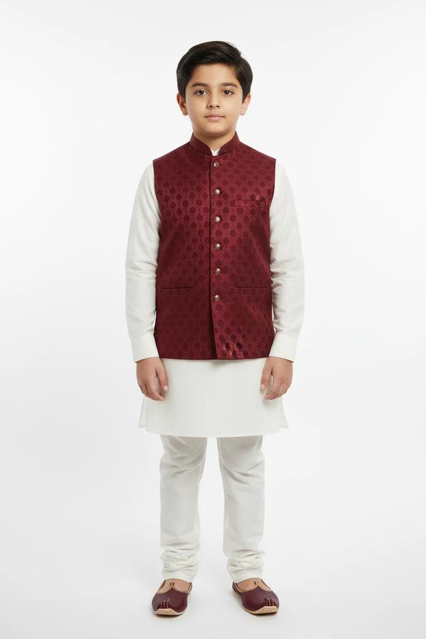 Boys Maroon Royal Bloom Design Jamawar Waistcoat
