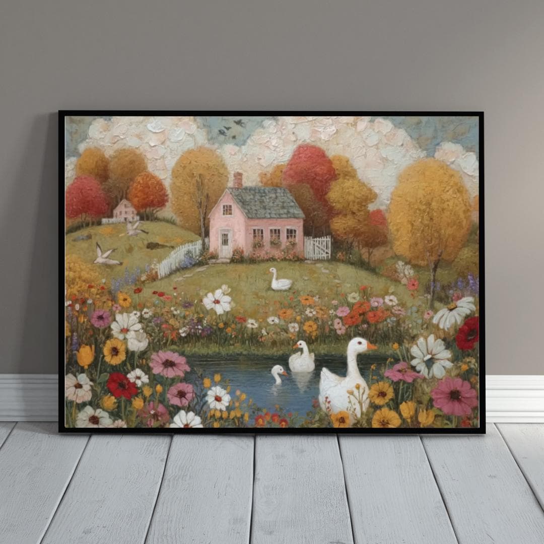 Whimsical Folk Art Cottage Print -Wildflower Wall Art -Summer French Country Decor -Printable Digital Download