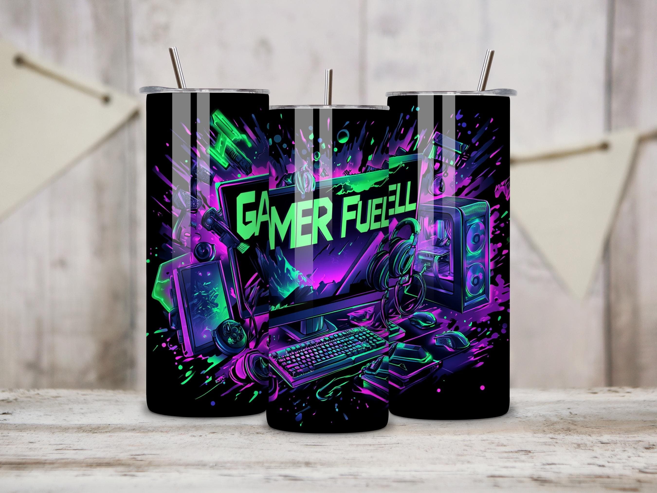 Gaming Tumbler Wrap -Gamer Fuel 20oz Skinny Tumbler Sublimation Design -PC Gaming Gear Tumbler PNG -Kid Video Game Tumbler PNG - image 3