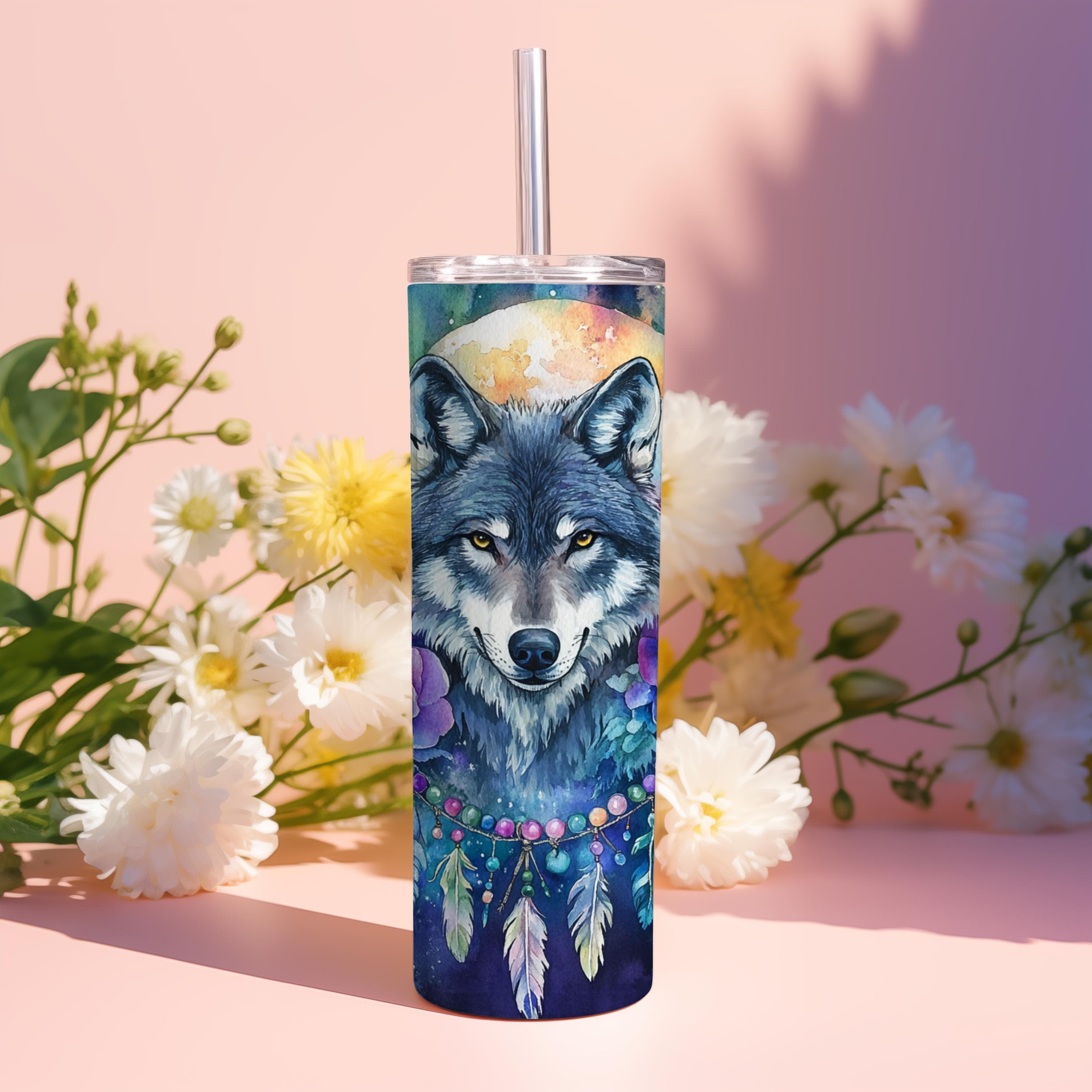 Seamless Boho Wolf & Dreamcatcher Floral Tumbler Wrap -20oz Skinny Tumbler Sublimation Design -Boho Tumbler PNG Digital Download - image 4