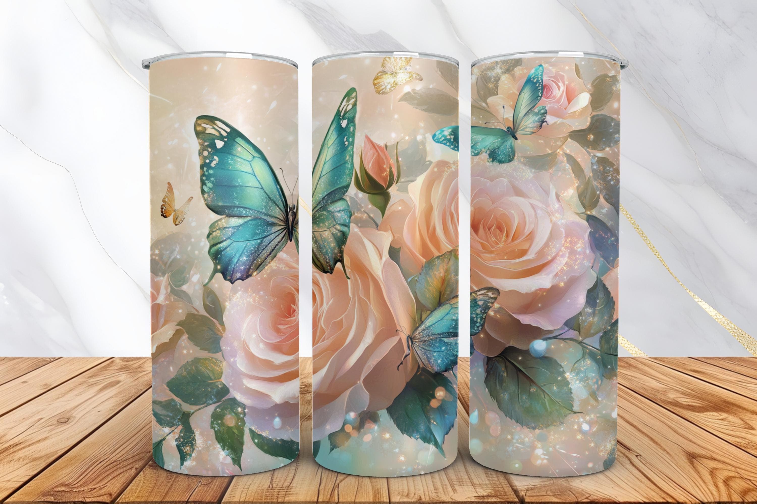 Roses Seamless Tumbler Wrap -Spring Tumbler Sublimation Design -Butterfly Flowers Tumbler Design -Flowers PNG Gift for Her -Digital Download