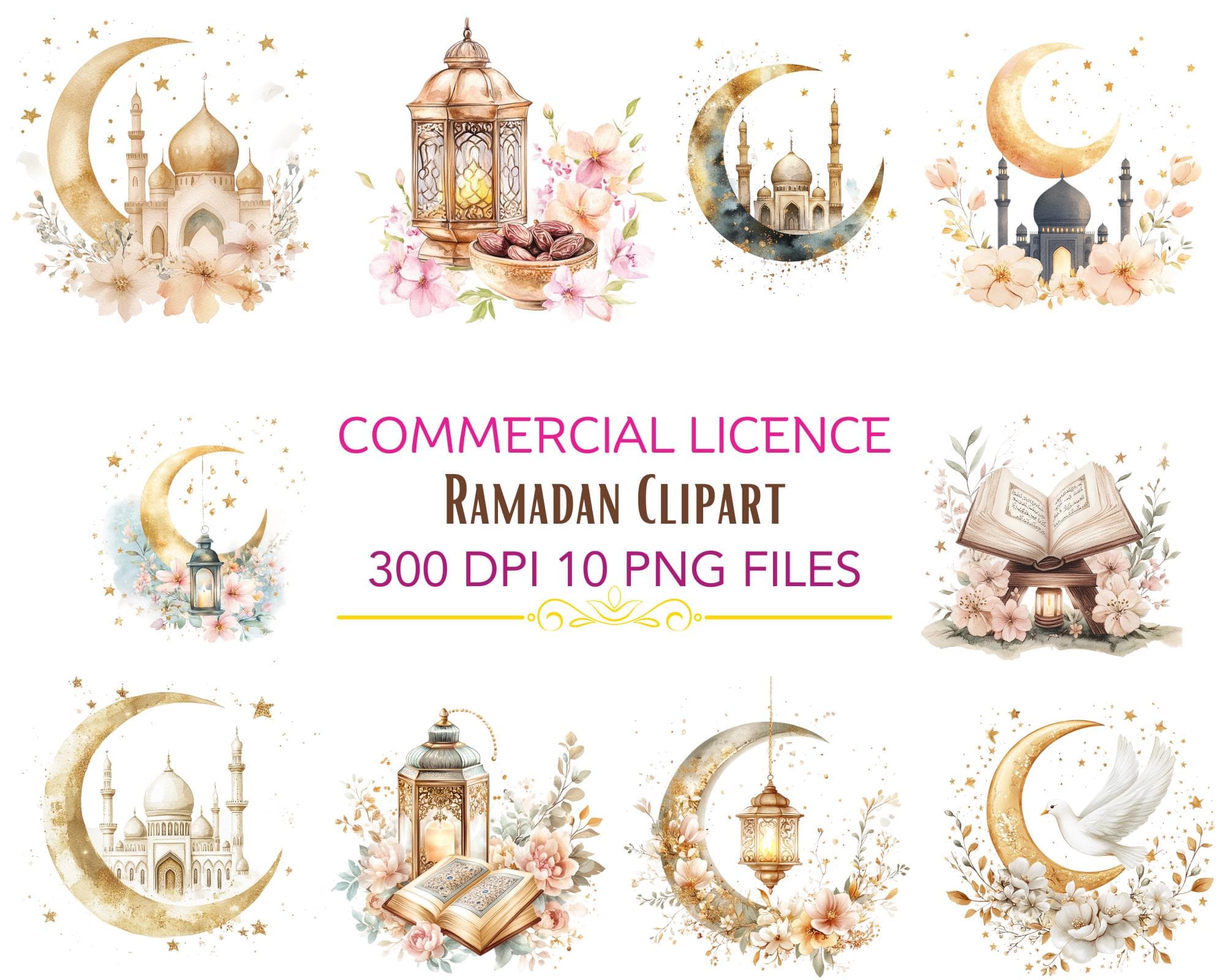 Ramadan PNG Clipart Bundle for Islamic Home Decor -Islamic Sublimation Designs -Ramadan Mubarak -Watercolor Clipart -Digital Download