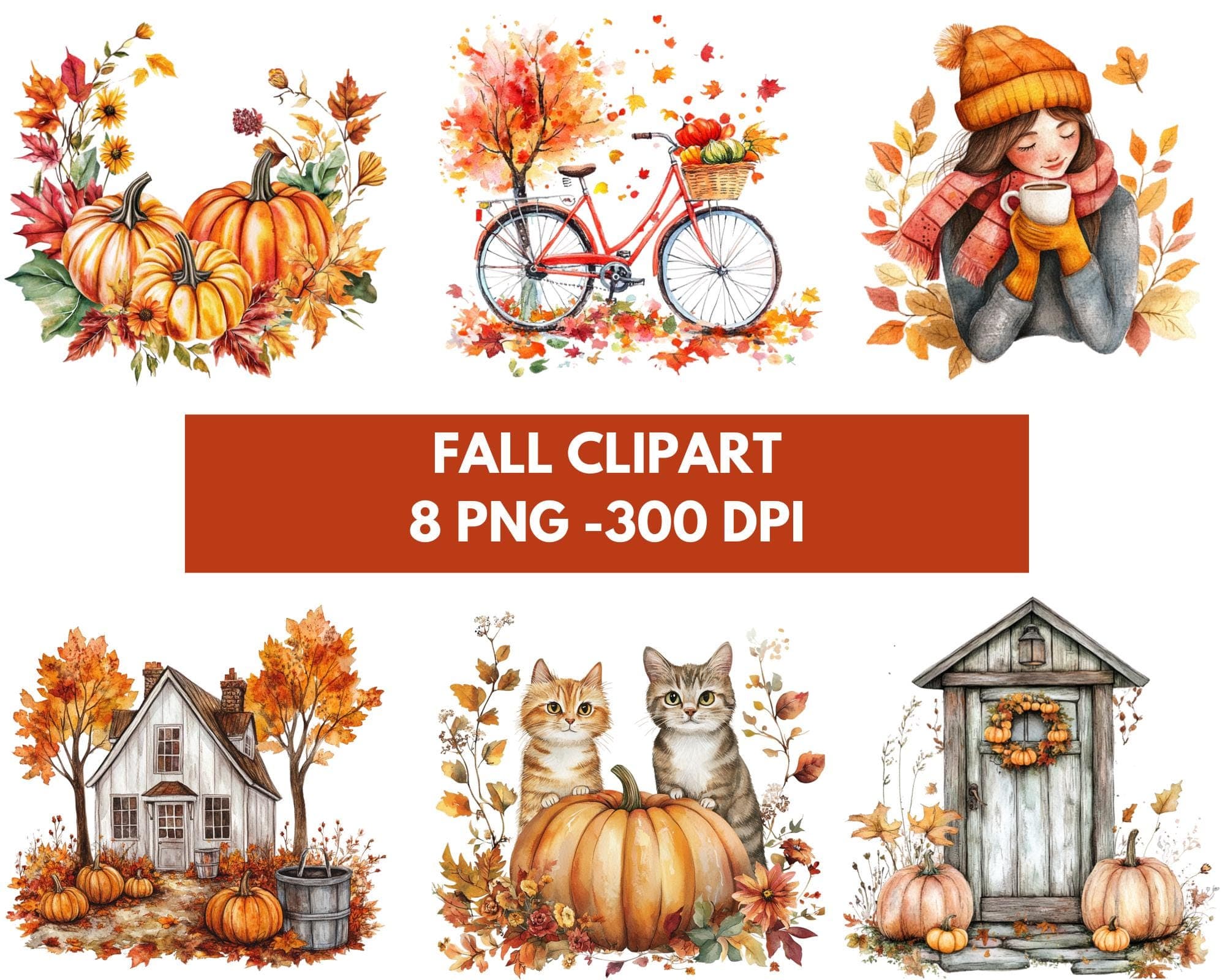 Watercolor Fall Clipart Bundle of 8 Thanksgiving PNGs Door Wreath Bicycle House Cottagecore Decor Instant Digital Download PNG
