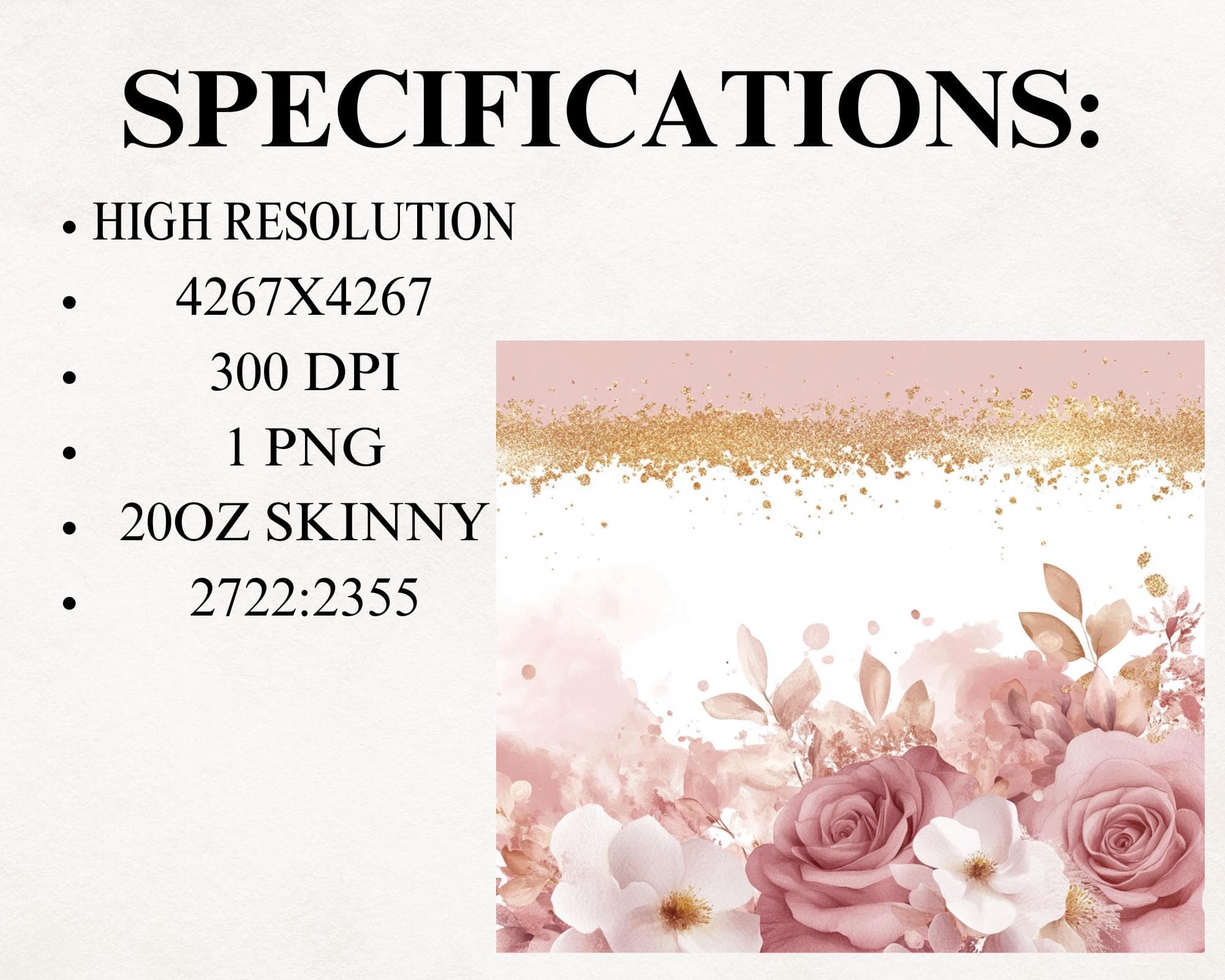 Vintage Flower Tumbler Wrap -20oz Sublimation Tumbler Design -Skinny Glitter Tumbler Wrap PNG -Floral Digital Download - image 5