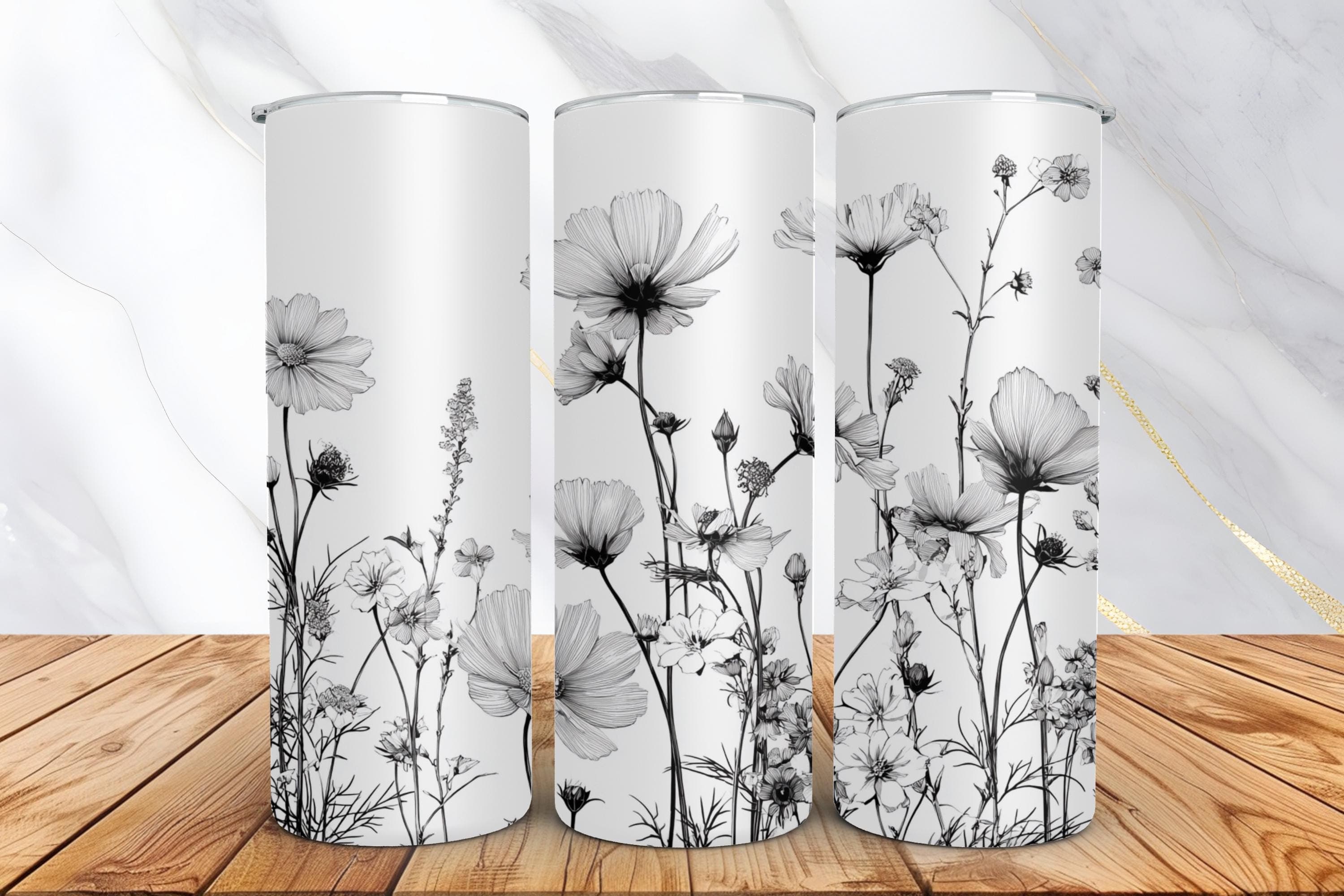 Black and White Wildflowers Tumbler Wrap -20oz Skinny Tumbler Sublimation Design -Tumbler Wrap PNG -Digital Download