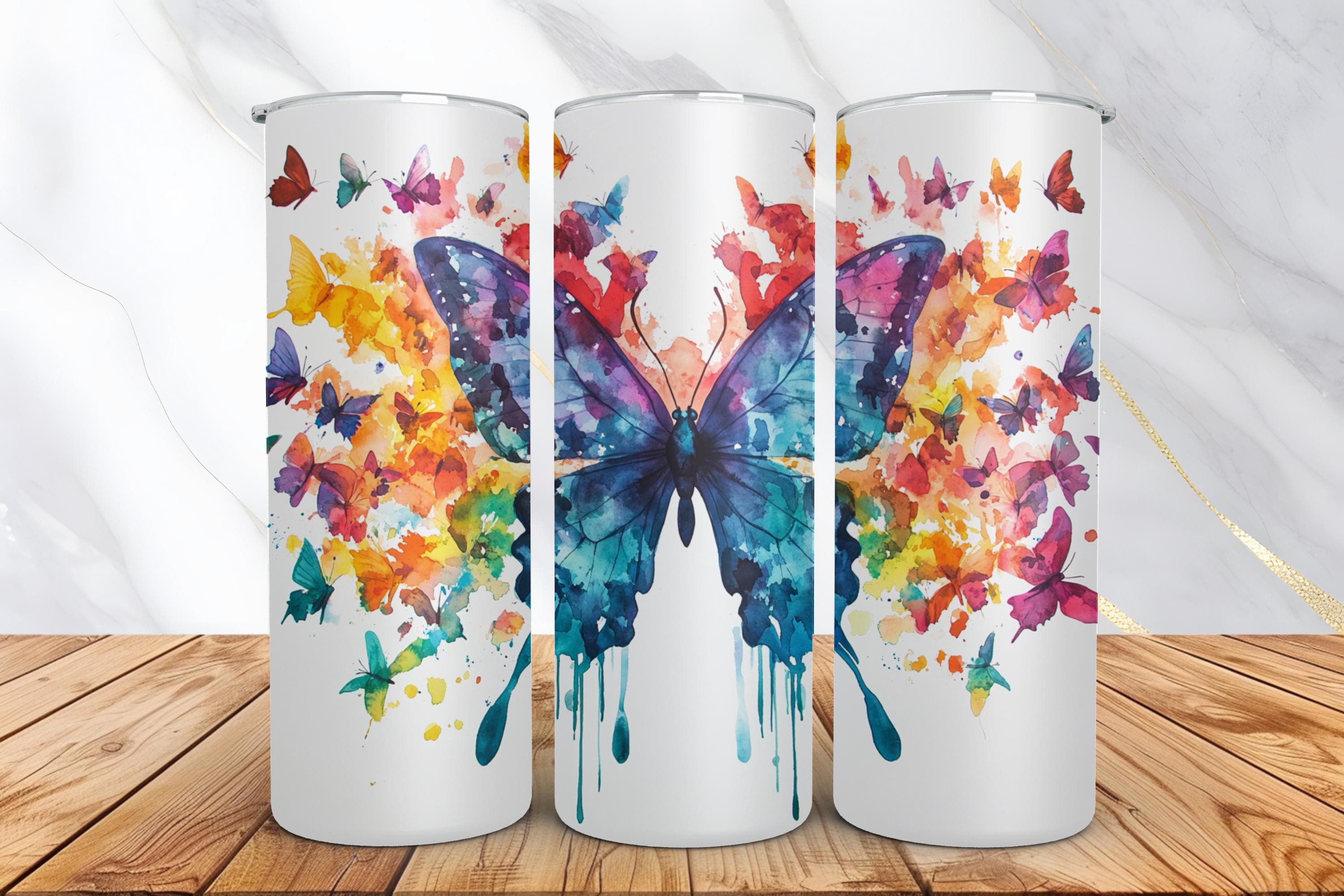 20oz Watercolor Rainbow Butterfly Tumbler Wrap -Skinny Tumbler Sublimation Design -Butterfly PNG Design Digital Download