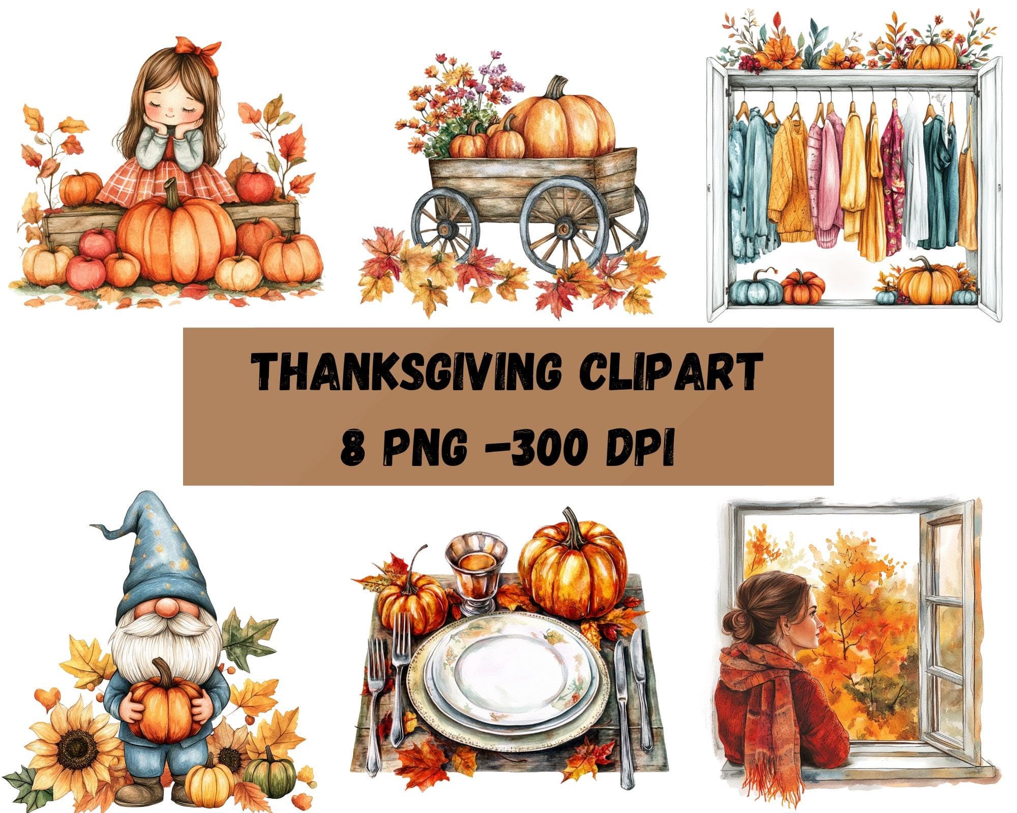 Fall Clipart, Thanksgiving PNG, Highland Cow PNG, Gnome Clipart, Autumn Leaves Fall PNG Bundle, Pumpkin Clipart Cottagecore Decor