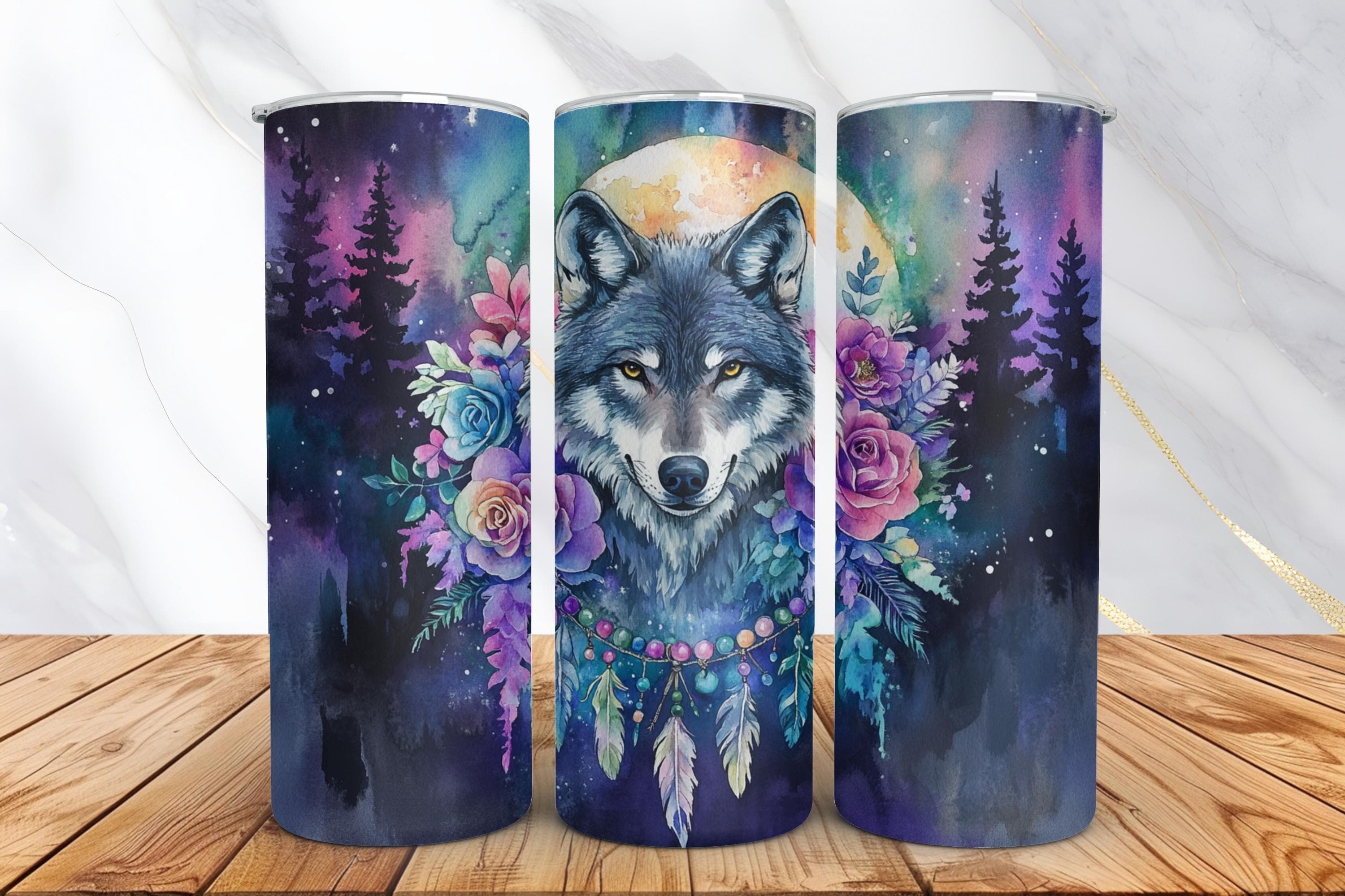 Seamless Boho Wolf & Dreamcatcher Floral Tumbler Wrap -20oz Skinny Tumbler Sublimation Design -Boho Tumbler PNG Digital Download