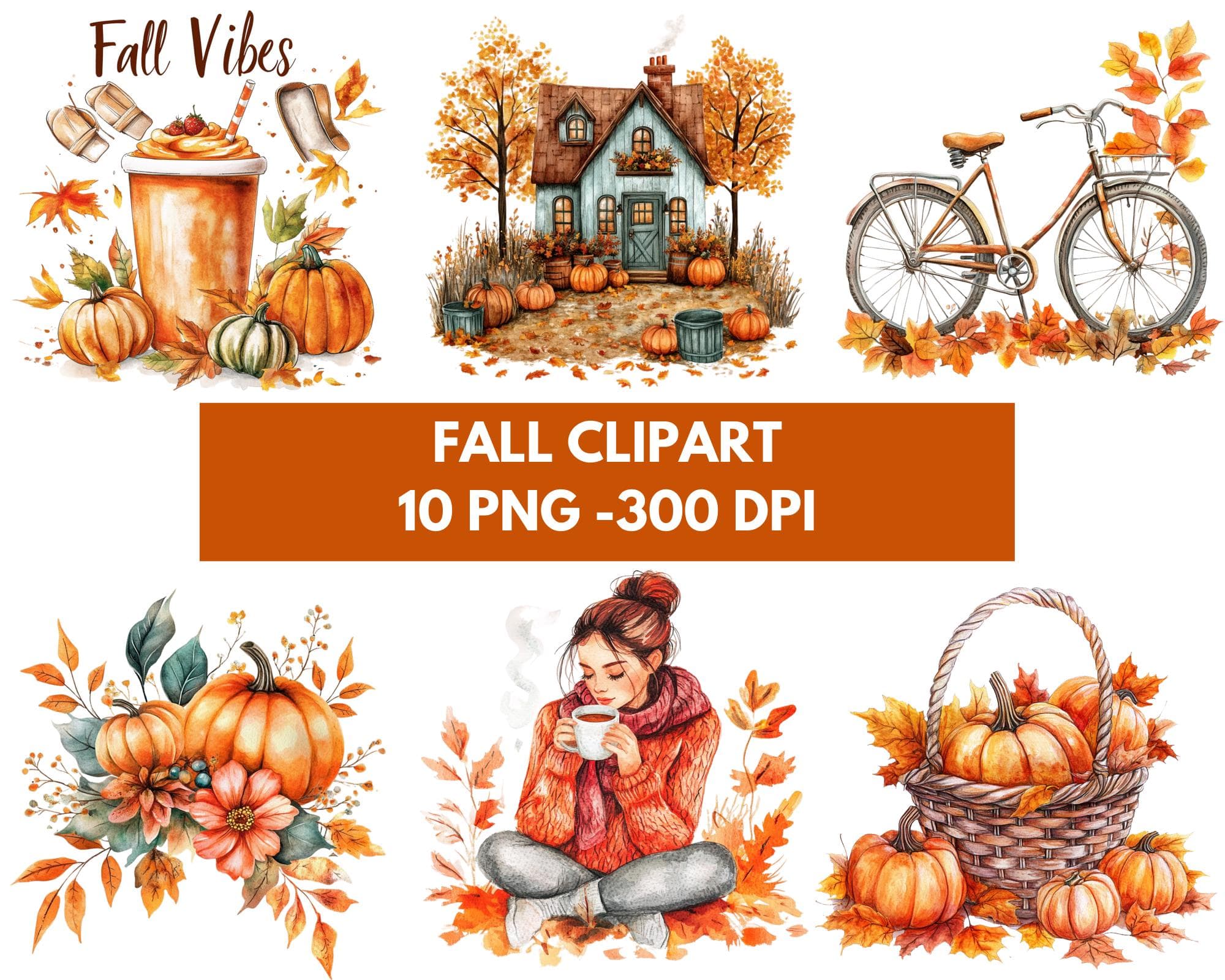 Watercolor Fall Clipart Bundle of 10 Thanksgiving PNGs Autumn Pumpkin Spice Bicycle Door cottagecore decor Instant Digital Download PNG