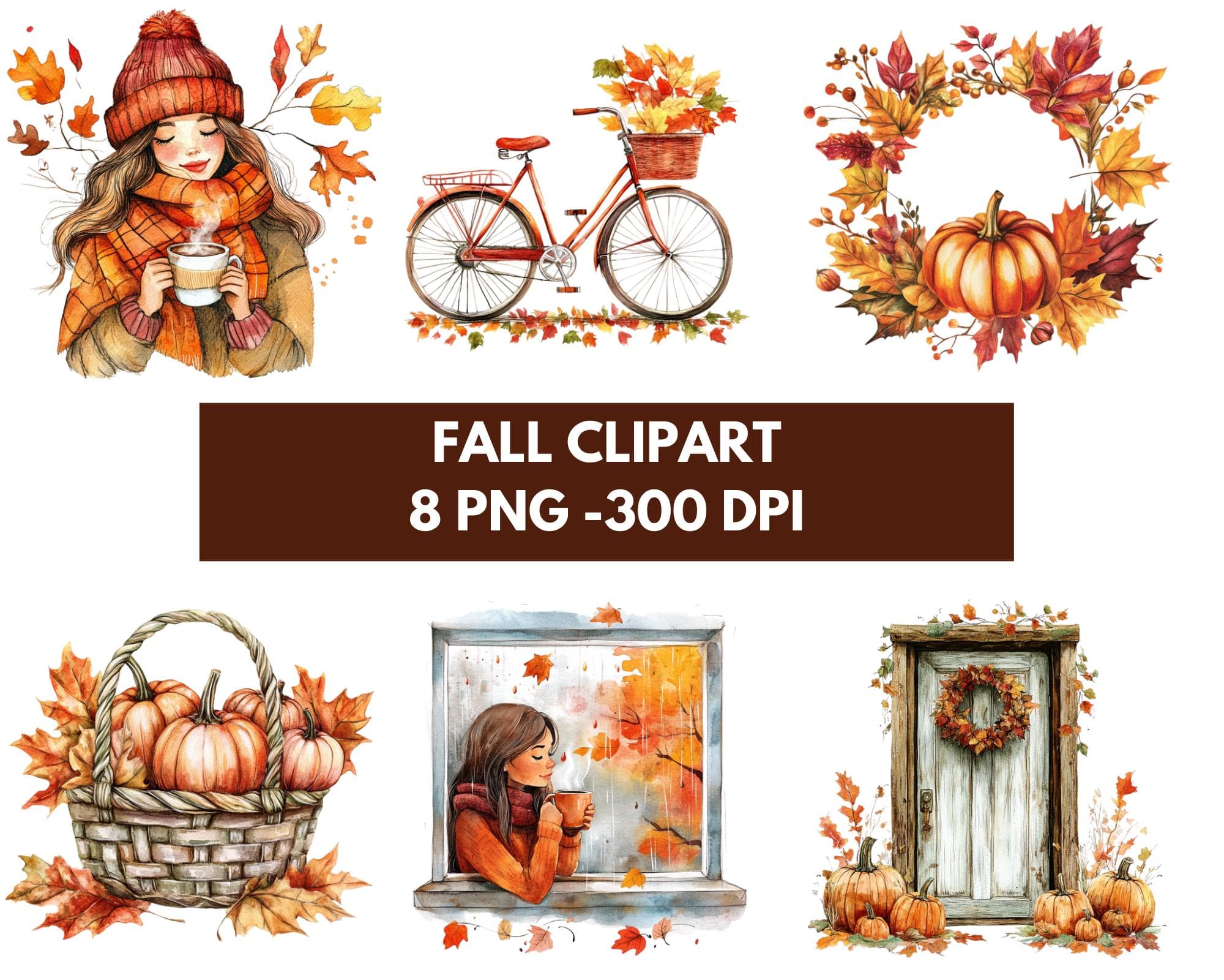 Watercolor Fall Clipart Bundle of 8 Thanksgiving PNGs Bicycle Girl cottagecore decor Pumpkin Spice Basket Instant Digital Download PNG