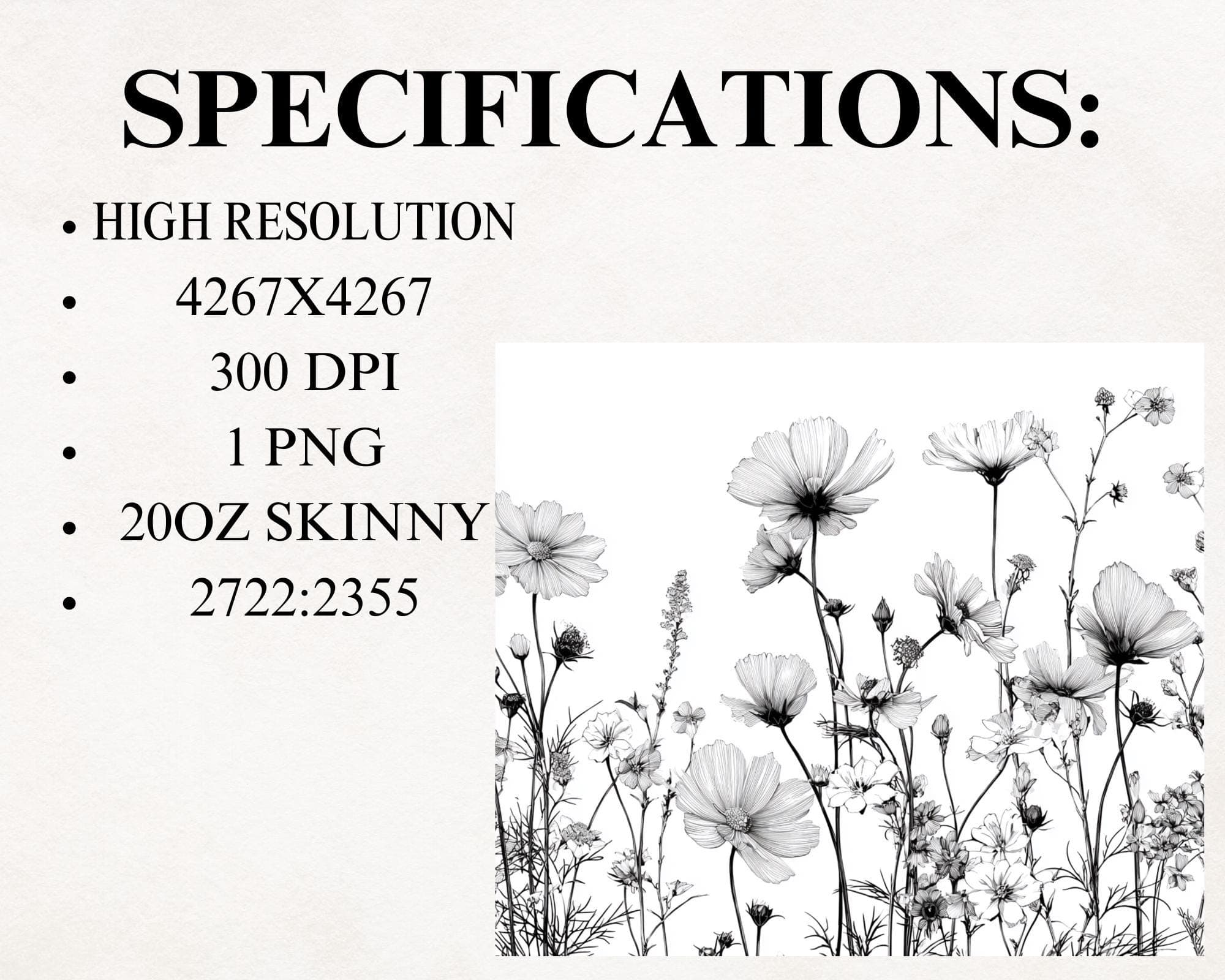 Black and White Wildflowers Tumbler Wrap -20oz Skinny Tumbler Sublimation Design -Tumbler Wrap PNG -Digital Download - image 5
