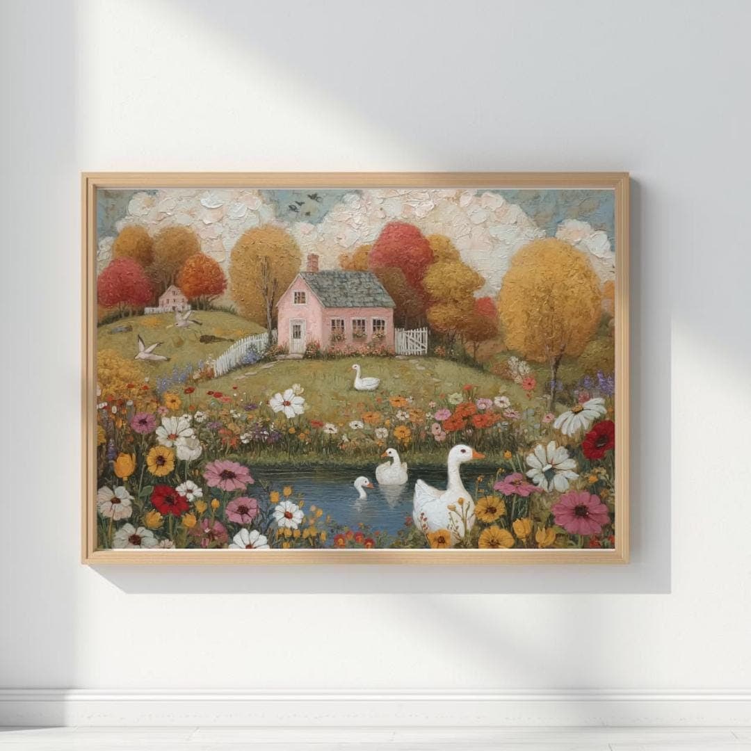 folk art print, autumn wall art, landscape print, wildflower wall art, cottage garden print, printable wall art, downloadable prints, digital download