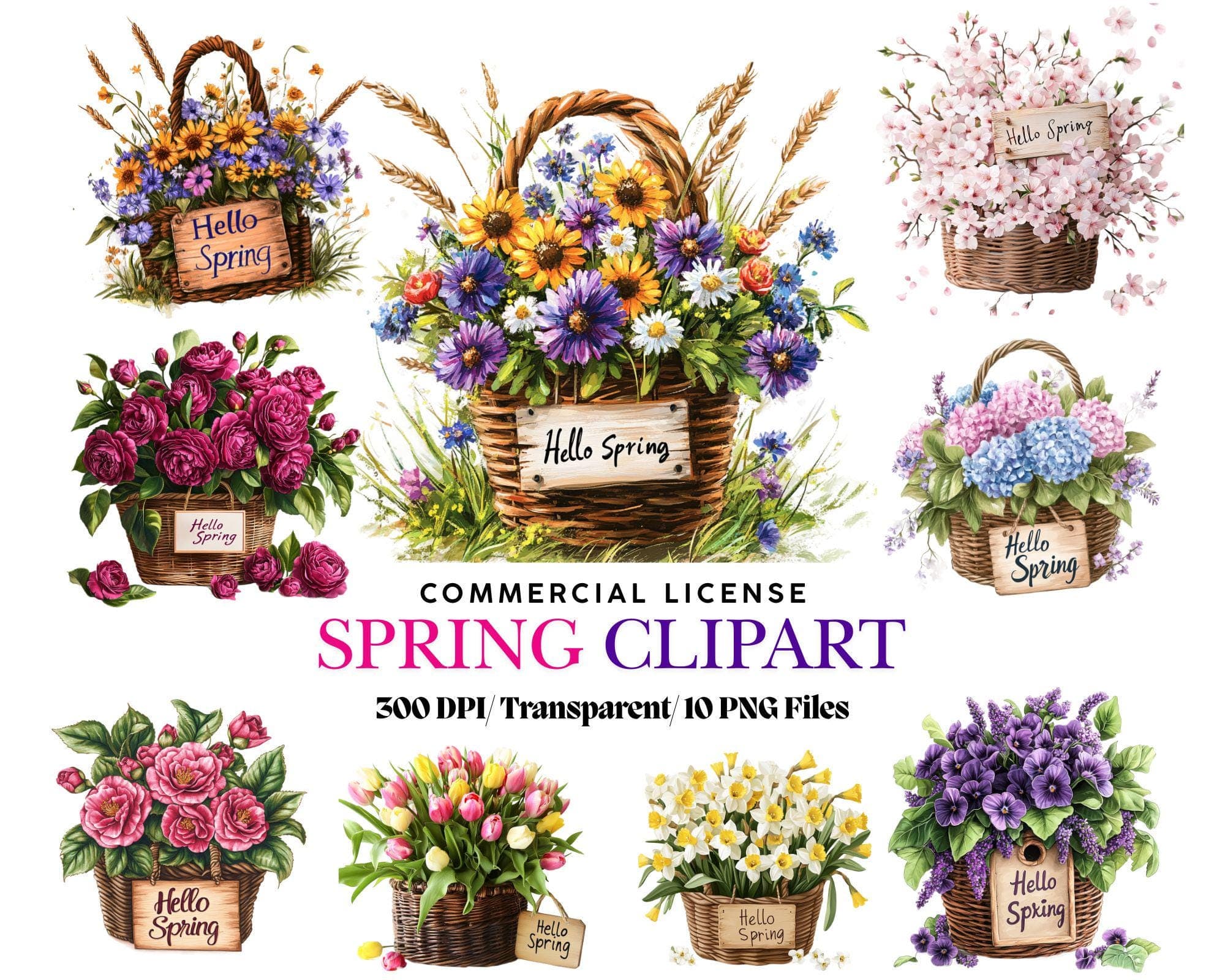 Spring Clipart - Flower PNG -Spring Art - floral clipart - Spring decor -Junk journal - cottagecore decor - Clipart bundle- Digital Download