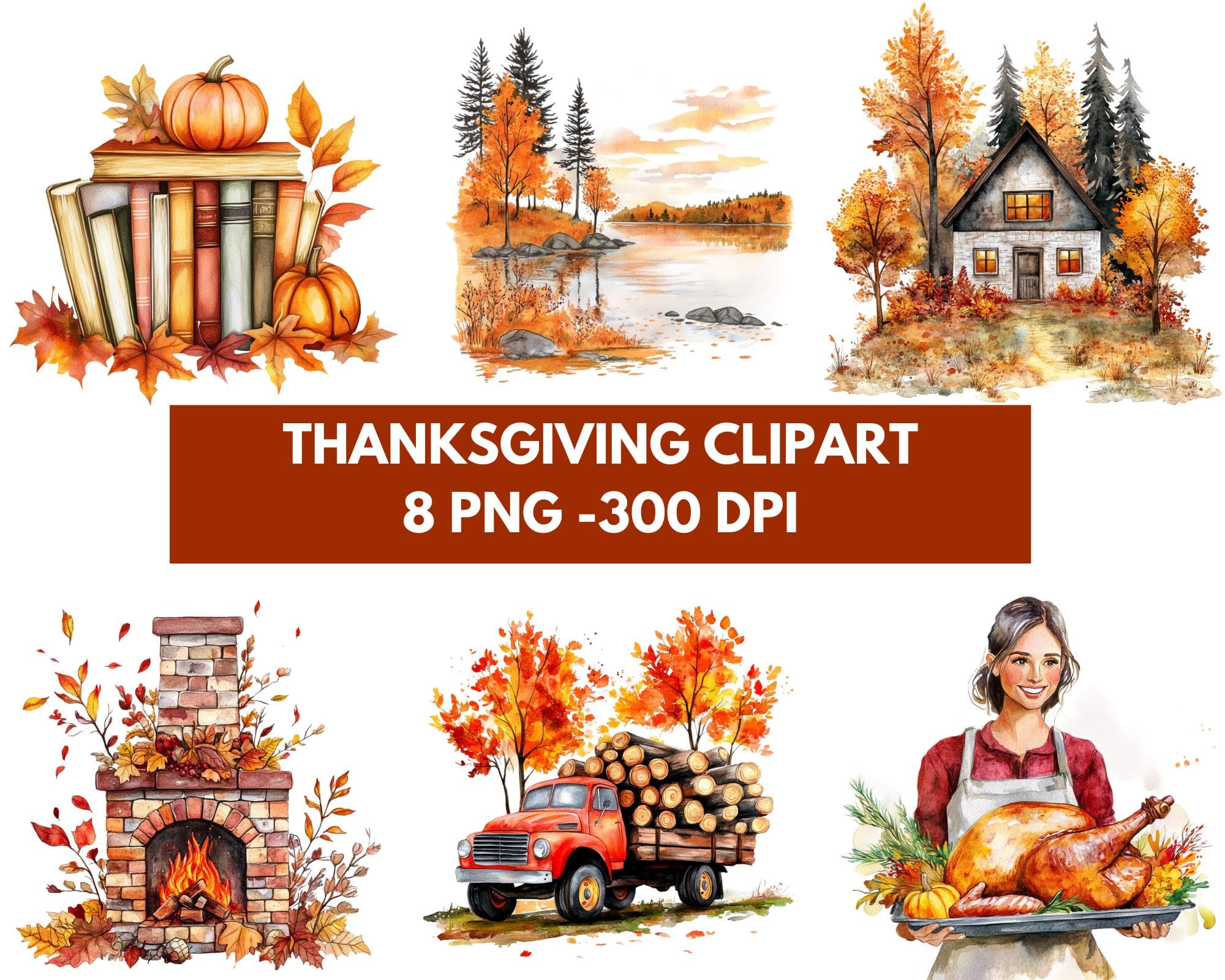 Thanksgiving clipart bundle, Fireplace mantel, book clipart, house clipart, autumn clipart, thankful png, Pumpkin png, watercolor clipart