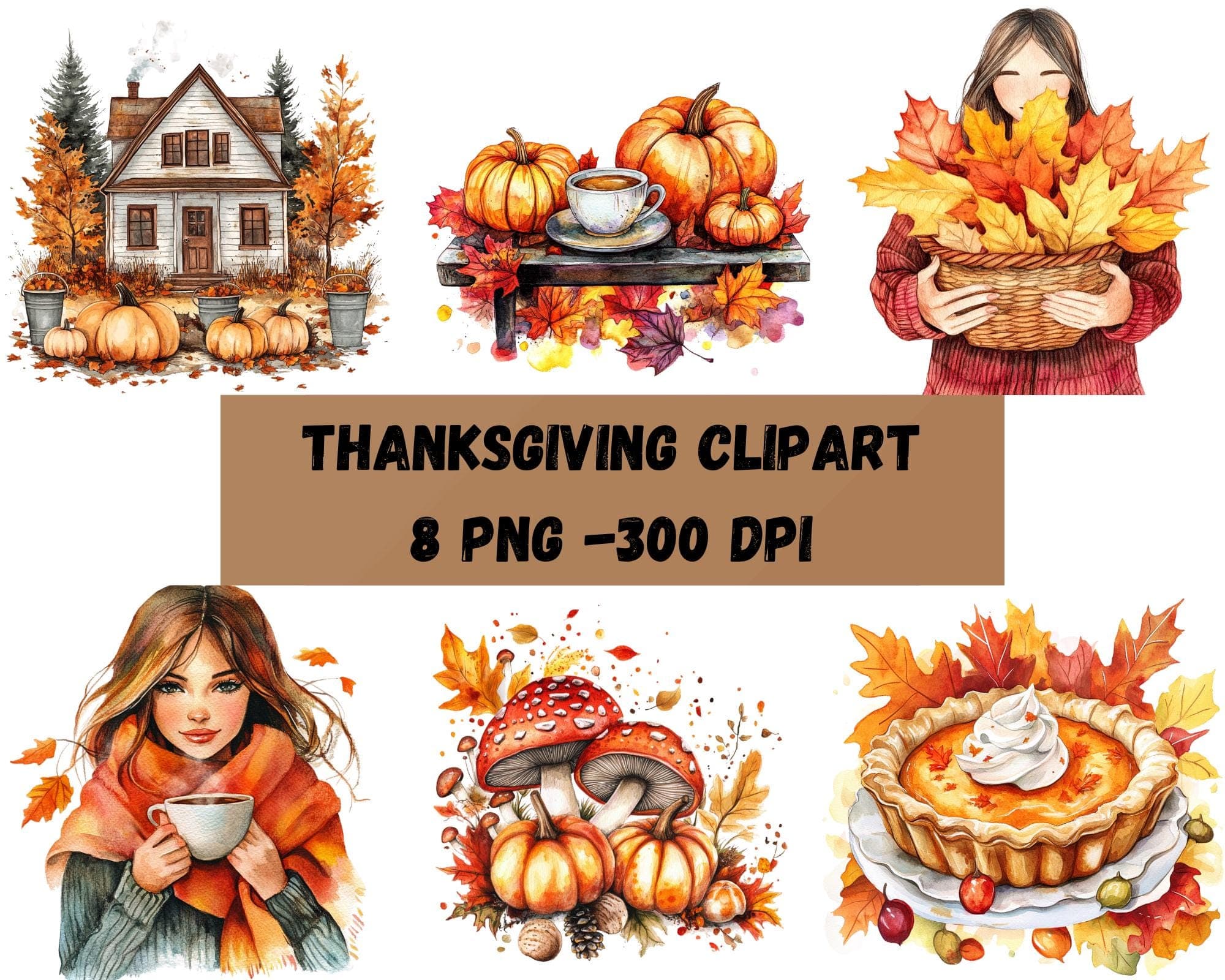 Watercolor Fall Clipart Bundle of 8 Thanksgiving PNGs Autumn Leaves Pumpkin Spice House Cottagecore Decor Instant Digital Download PNG