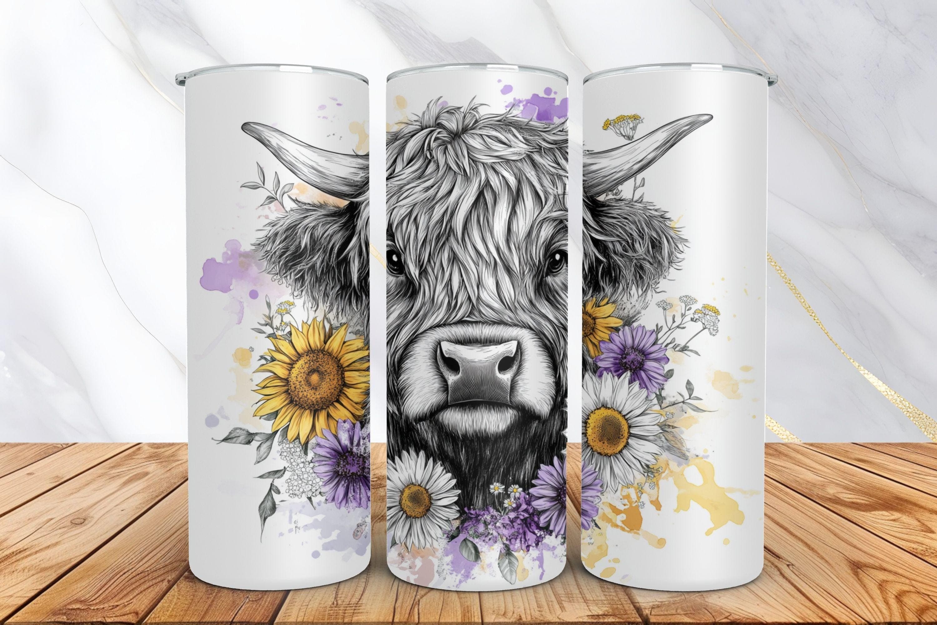 Sunflower highland cow tumbler wrap - sunflower png - Floral tumbler wrap - Highland cow gifts - 20oz tumbler wrap - Digital download