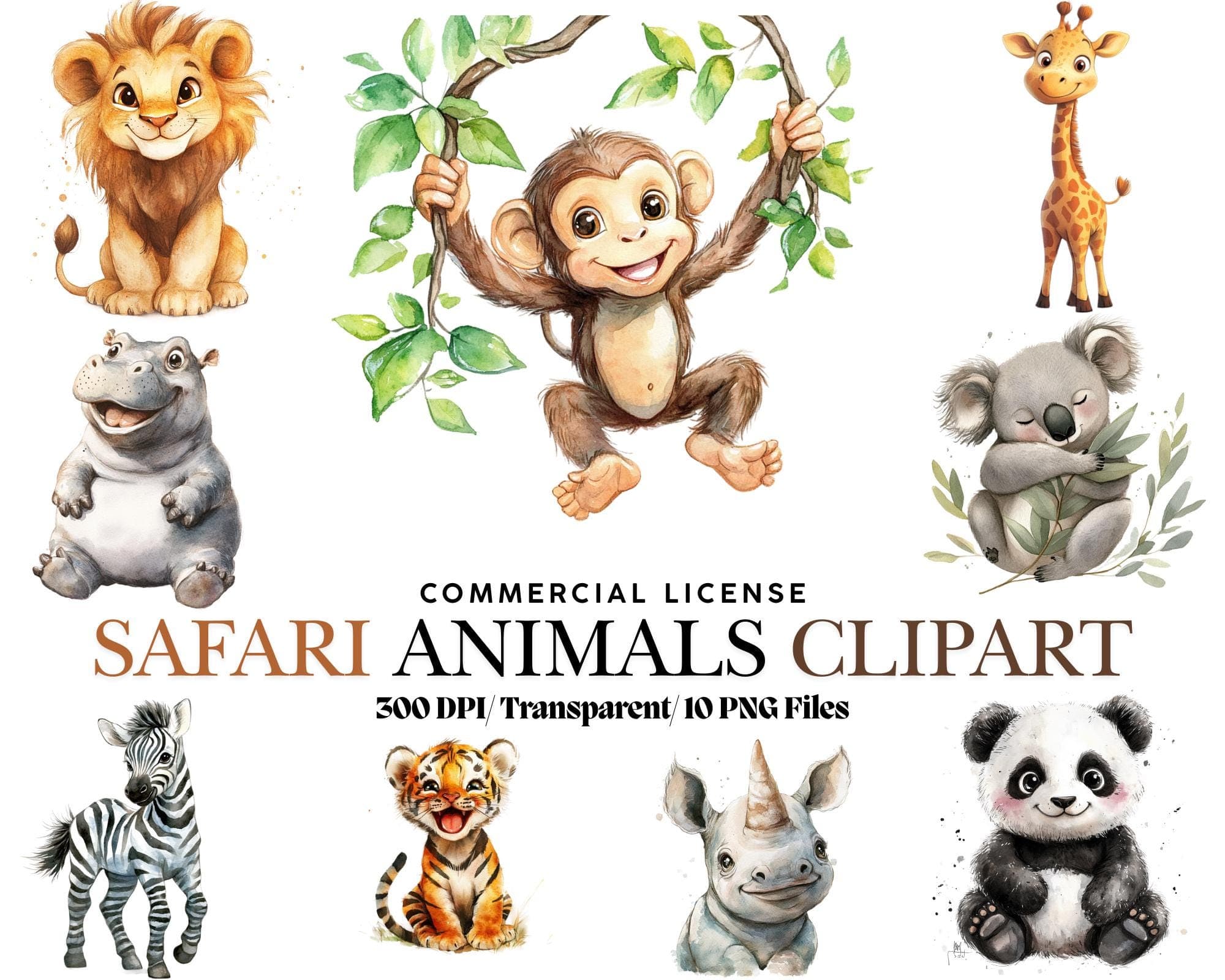 Safari Clipart Animals - Wild One Birthday Watercolor Baby Animal PNG, for Bedroom Decor, Baby Shower Files, Clip art Nursery images