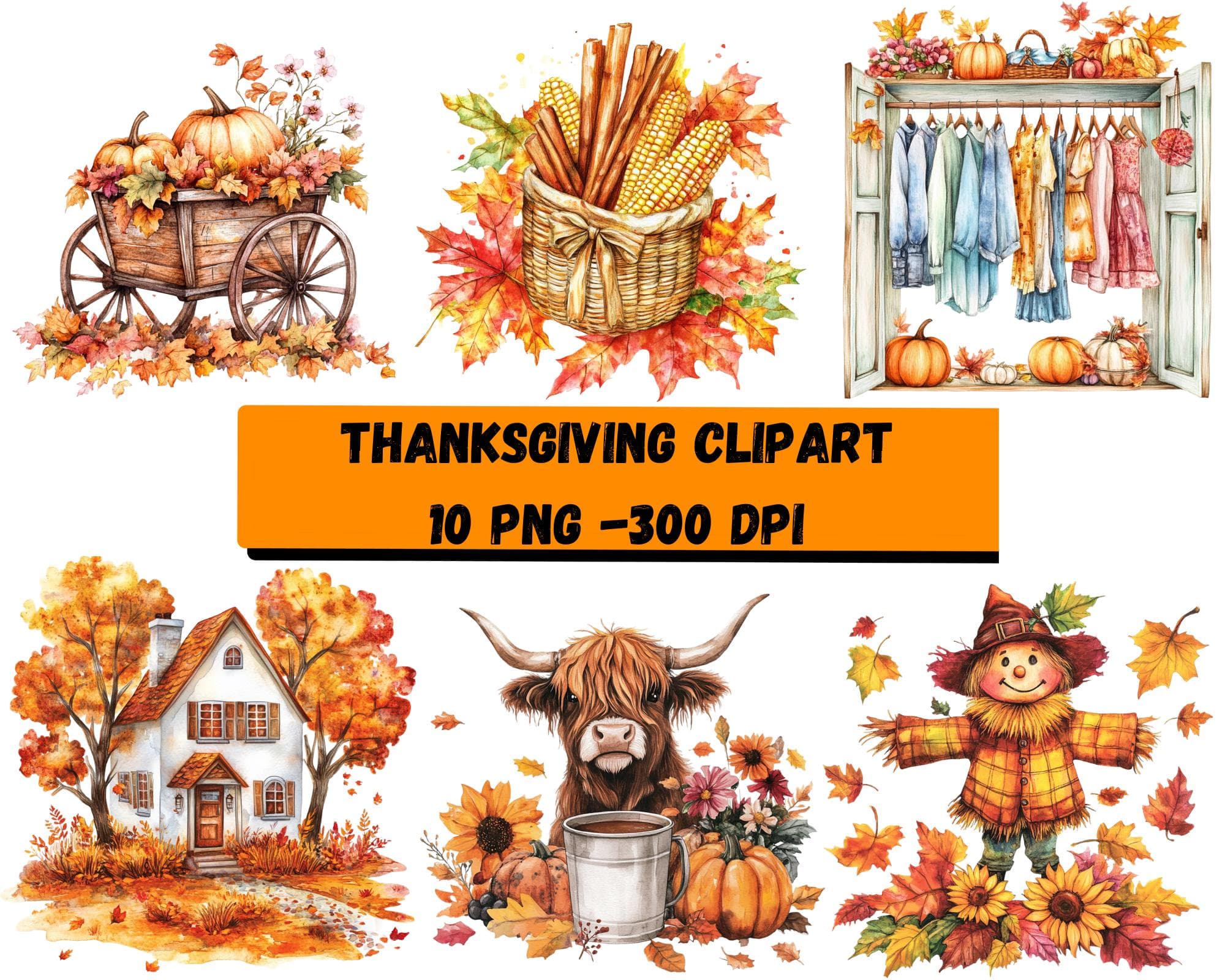 Fall Clipart, Pumpkin PNG, Highland Cow PNG, Fall PNG Bundle, Autumn Leaves Thanksgiving Clipart, Gnome Clipart, Autumn Decor