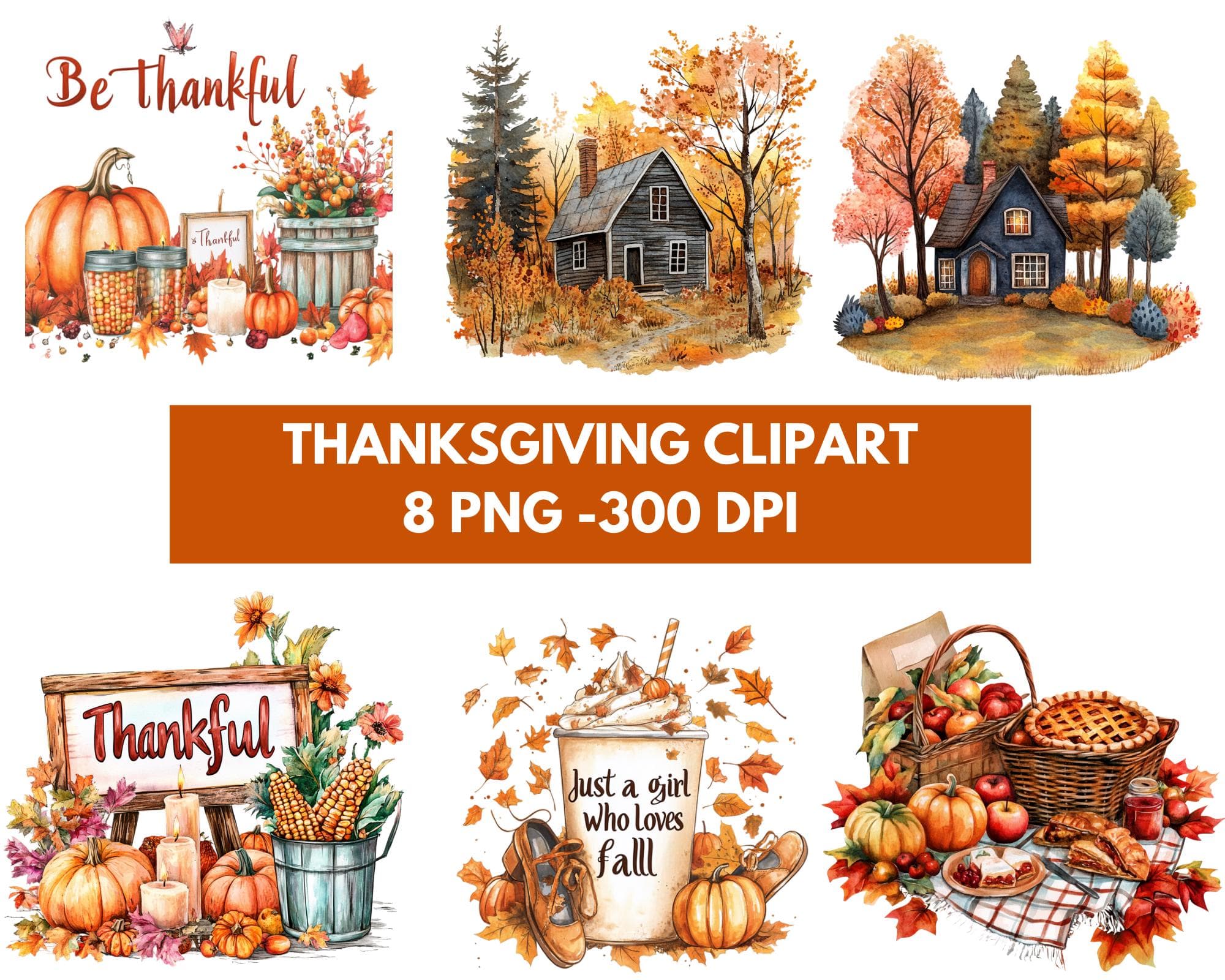 Watercolor Autumn Clipart Bundle of 8 Thanksgiving PNGs Pumpkin Spice Forest House Fruits Cottagecore Decor Instant Digital Download PNG