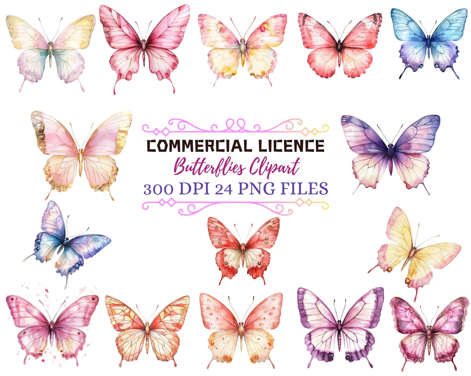 Watercolor Butterflies Clipart Bundle PNG -24 Pastel Butterflies -Fantasy Art Design -Digital Download