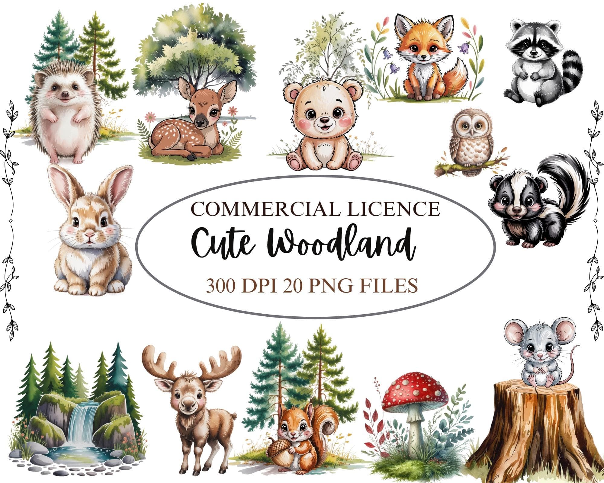 Cute Woodland Animal Clipart Bundle PNG  -Watercolor Nursery Clipart -Forest Animals -Kid's Clipart -Commercial use -Digital Download