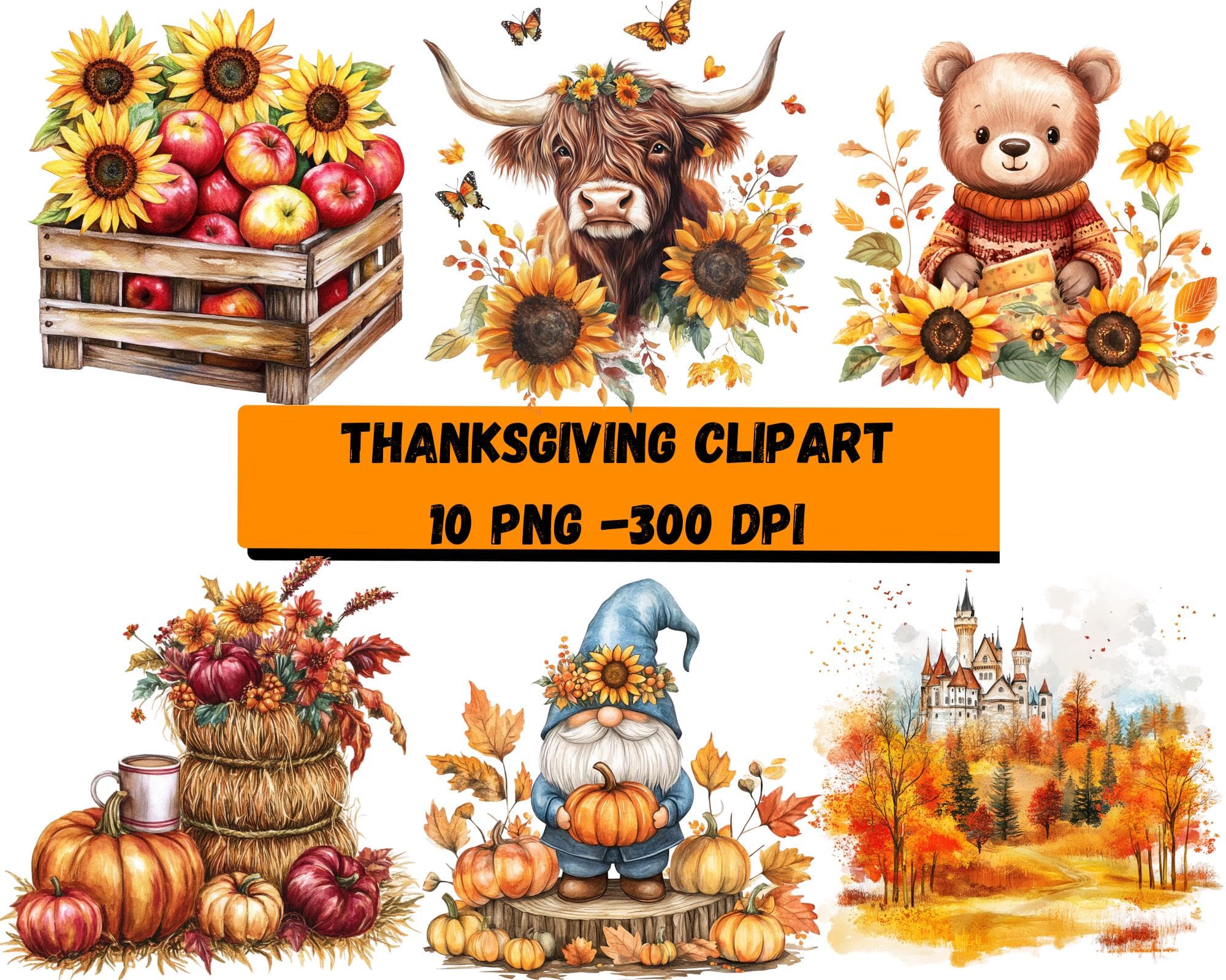 Fall Clipart, Thanksgiving PNG, Highland Cow PNG, Fall PNG Bundle, Pumpkin Clipart, Gnome Clipart, Autumn Cottagecore Decor