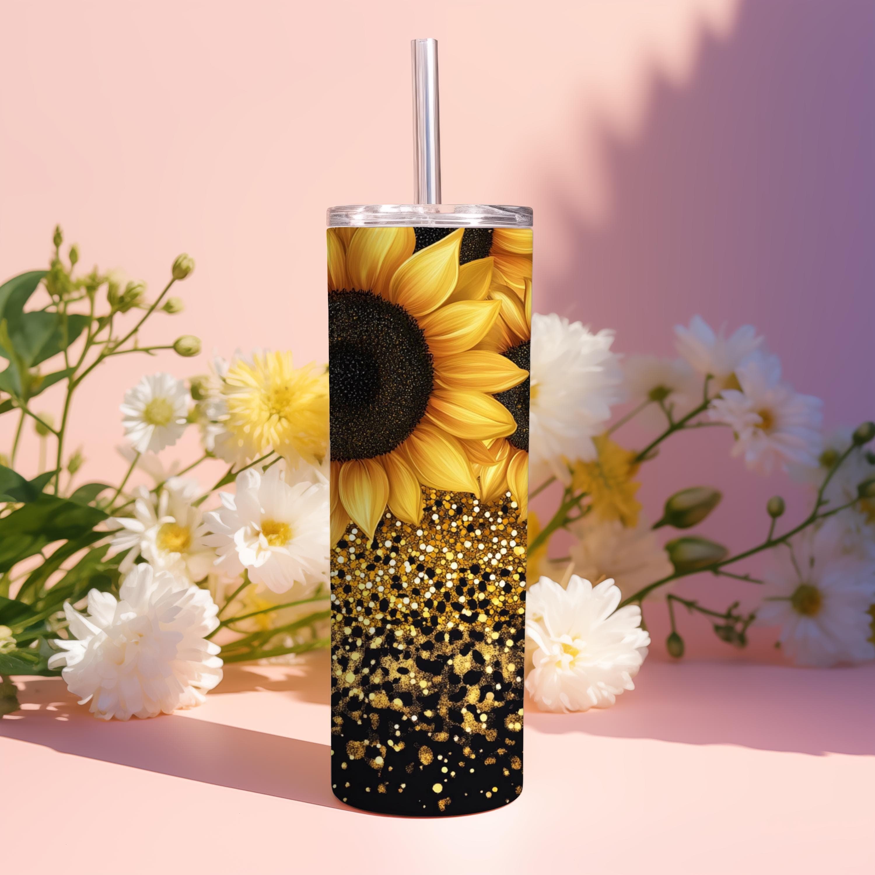 Sunflower Tumbler Wrap -Sunflowers PNG Sublimation Design -Glitter Leopard 20oz Skinny Tumbler Wrap -Seamless Tumbler -Digital Download - image 4
