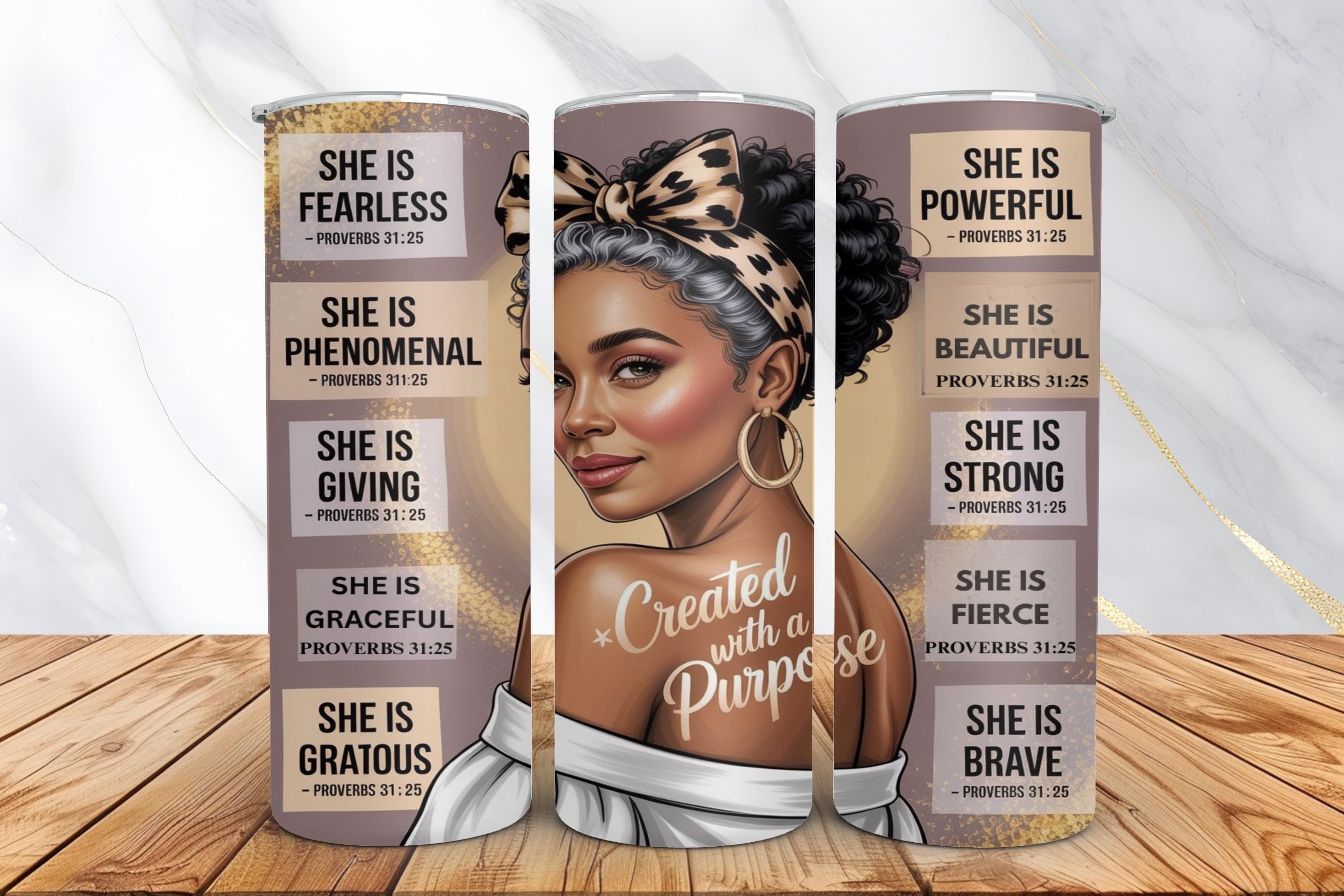 Black Woman Tumbler Wrap -20oz Skinny Tumbler Sublimation Design -Created with a Purpose Black Girl PNG Design -Digital Download