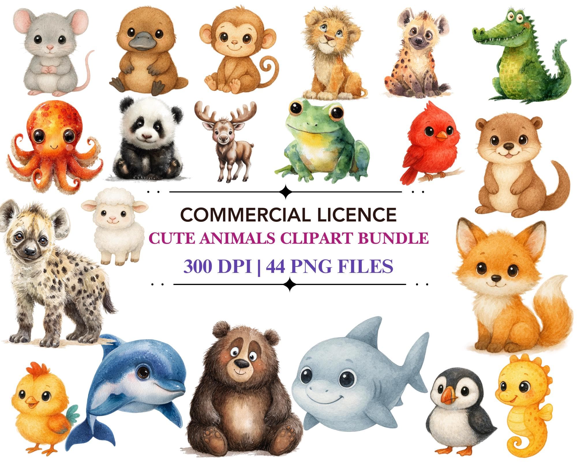 Watercolor Cute Animal Clipart Bundle -Baby Animal PNGs for Crafting Junk Journal -Instant Digital Download