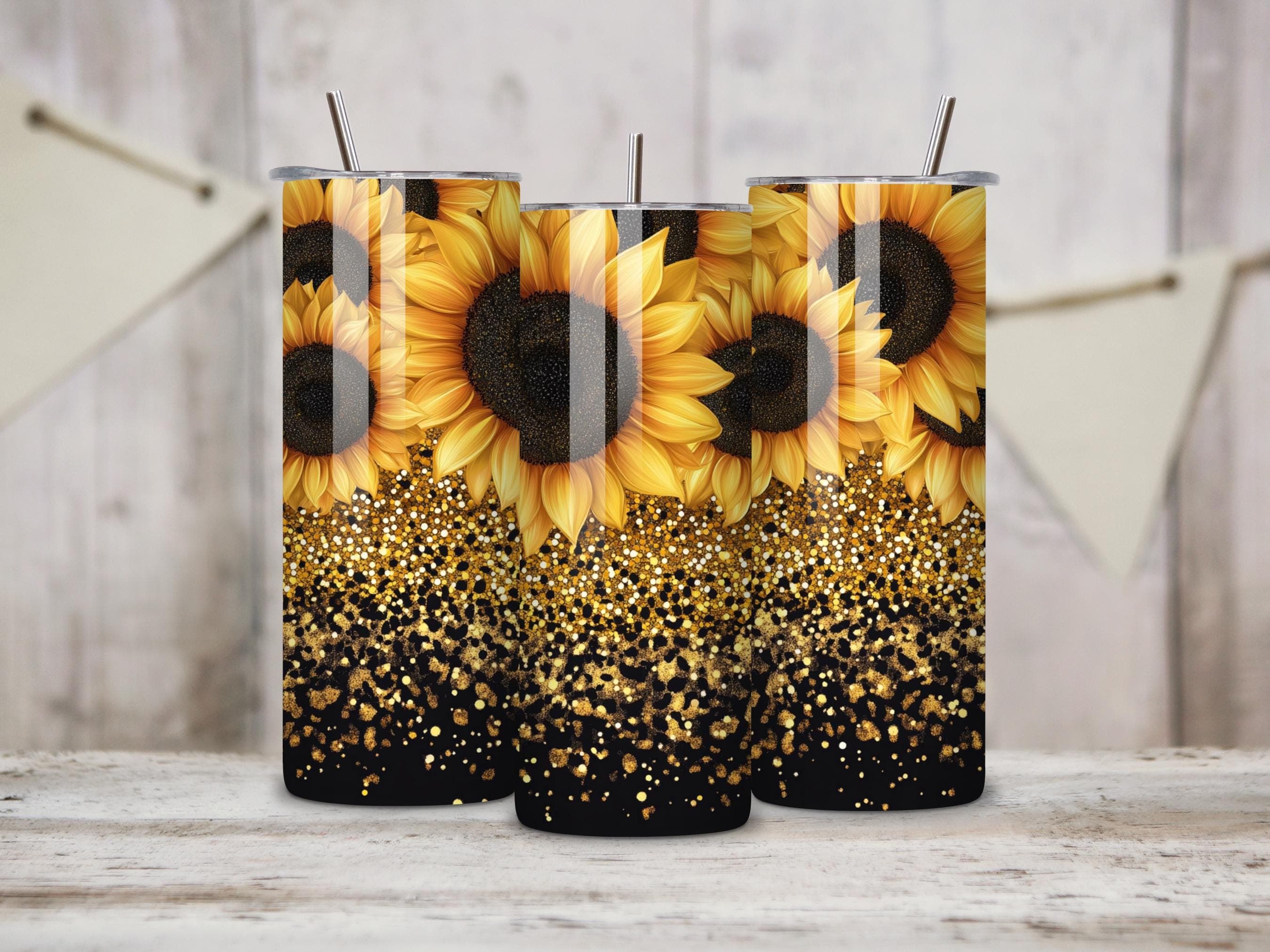 Sunflower Tumbler Wrap -Sunflowers PNG Sublimation Design -Glitter Leopard 20oz Skinny Tumbler Wrap -Seamless Tumbler -Digital Download - image 3