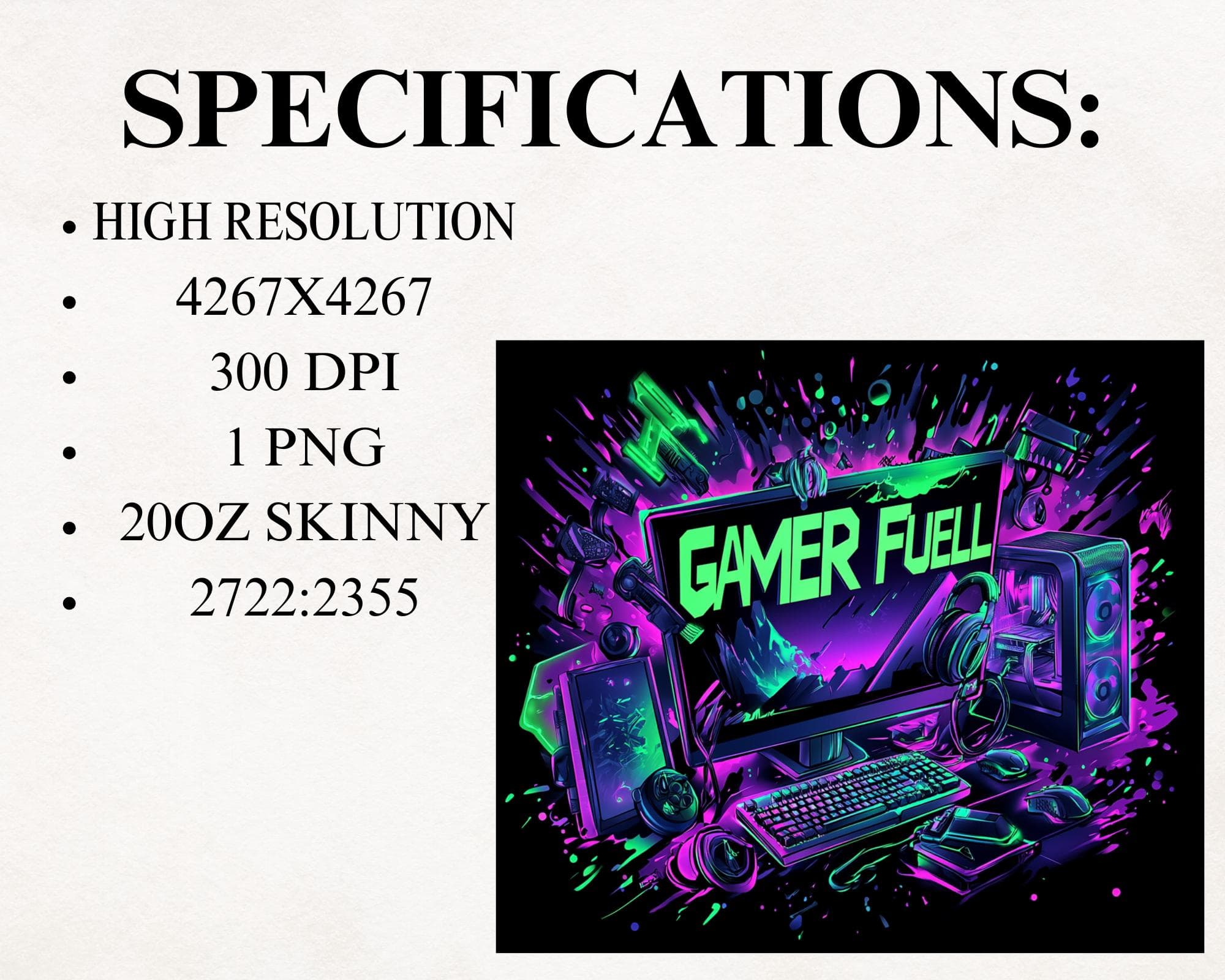 Gaming Tumbler Wrap -Gamer Fuel 20oz Skinny Tumbler Sublimation Design -PC Gaming Gear Tumbler PNG -Kid Video Game Tumbler PNG - image 5