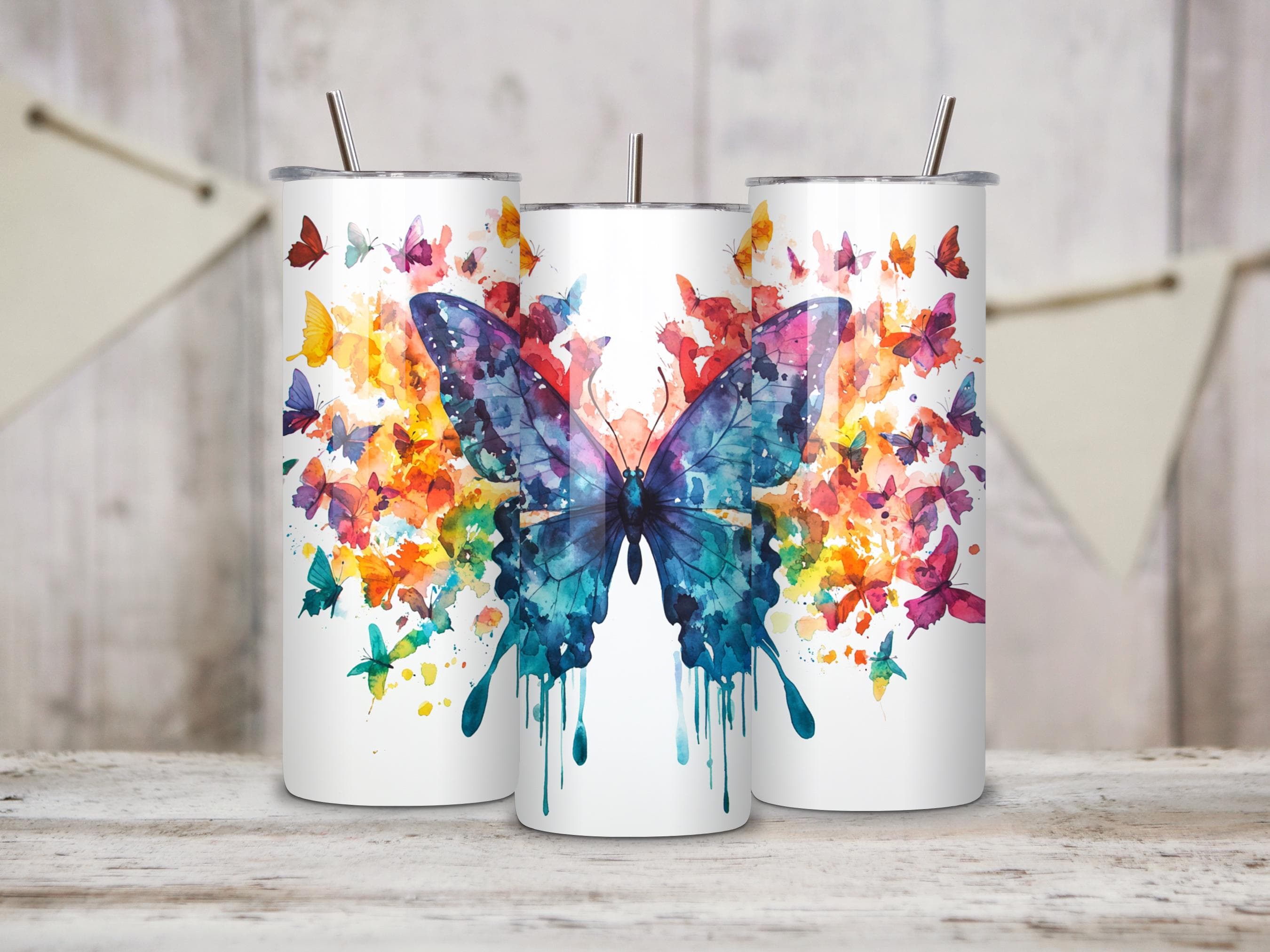 20oz Watercolor Rainbow Butterfly Tumbler Wrap -Skinny Tumbler Sublimation Design -Butterfly PNG Design Digital Download - image 3