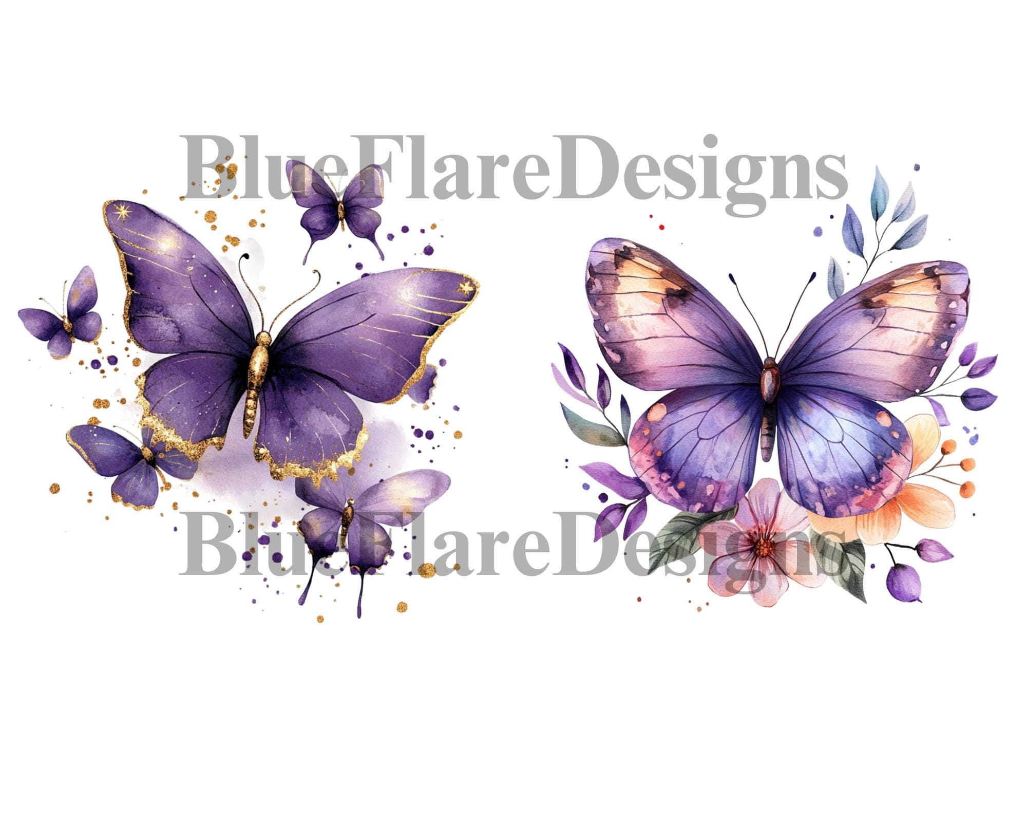 Butterfly Clipart, Purple Butterfly PNG, Flower Clipart,  Floral Butterfly Wings Clipart Watercolor Butterfly Clipart Bundle - image 5