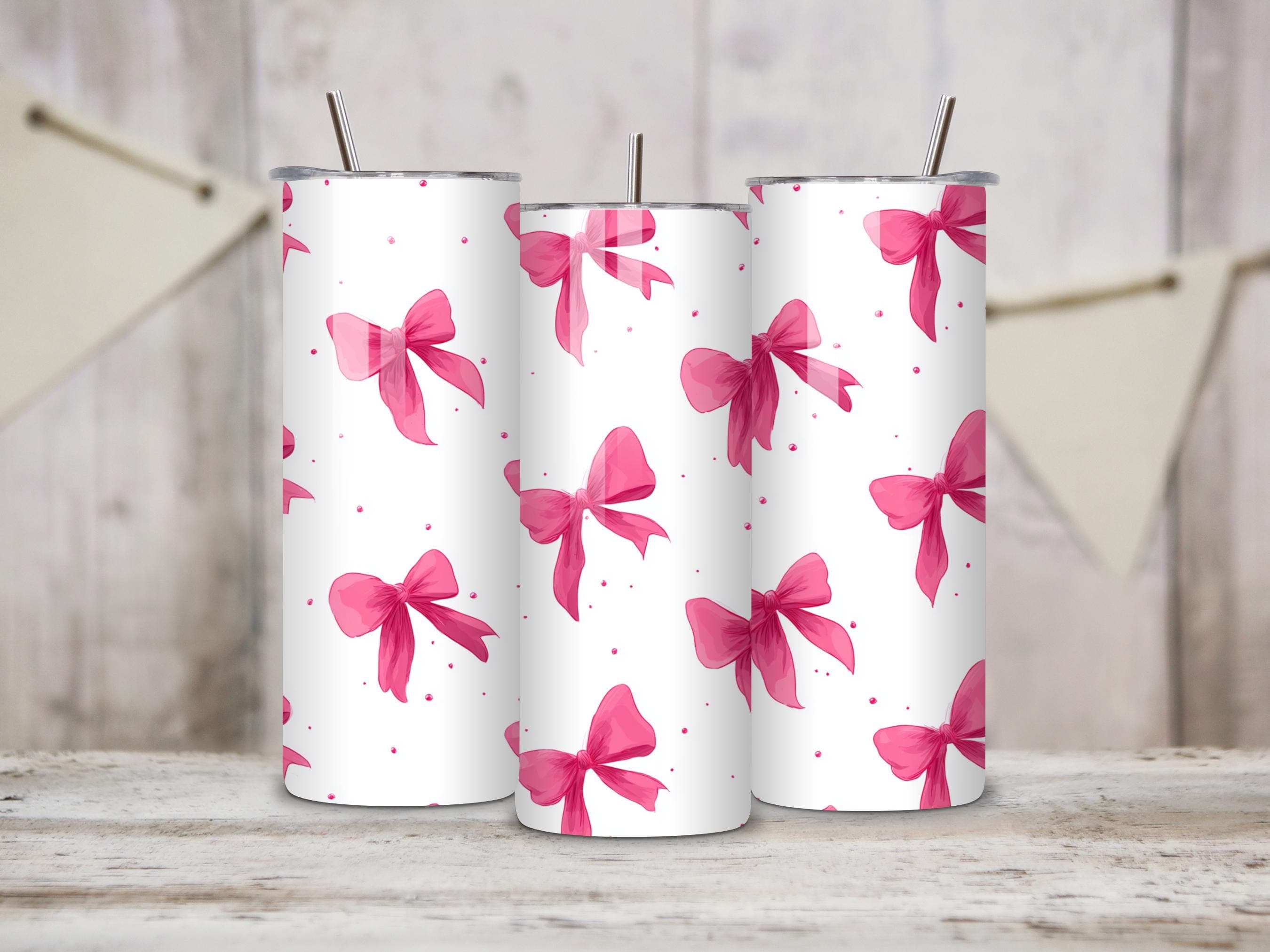 Pink Watercolor Bow Tumbler Wrap PNG -20oz Skinny Tumbler Sublimation Design -Instant Digital Download - image 3
