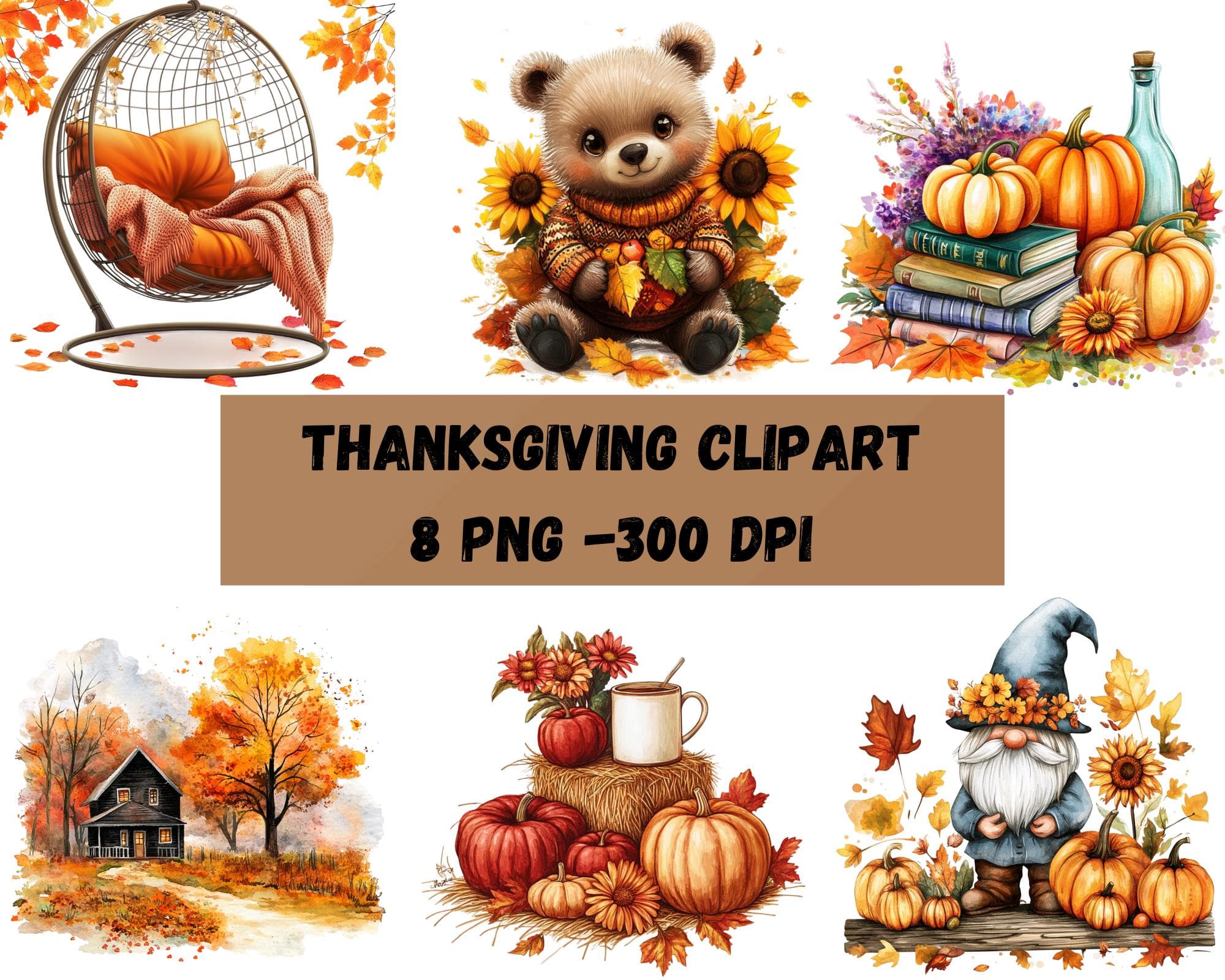 Watercolor Fall Clipart Bundle of 8 Thanksgiving PNGs Teddy Bear Sunflowers Pumpkins Gnome Cottagecore Decor Instant Digital Download PNG