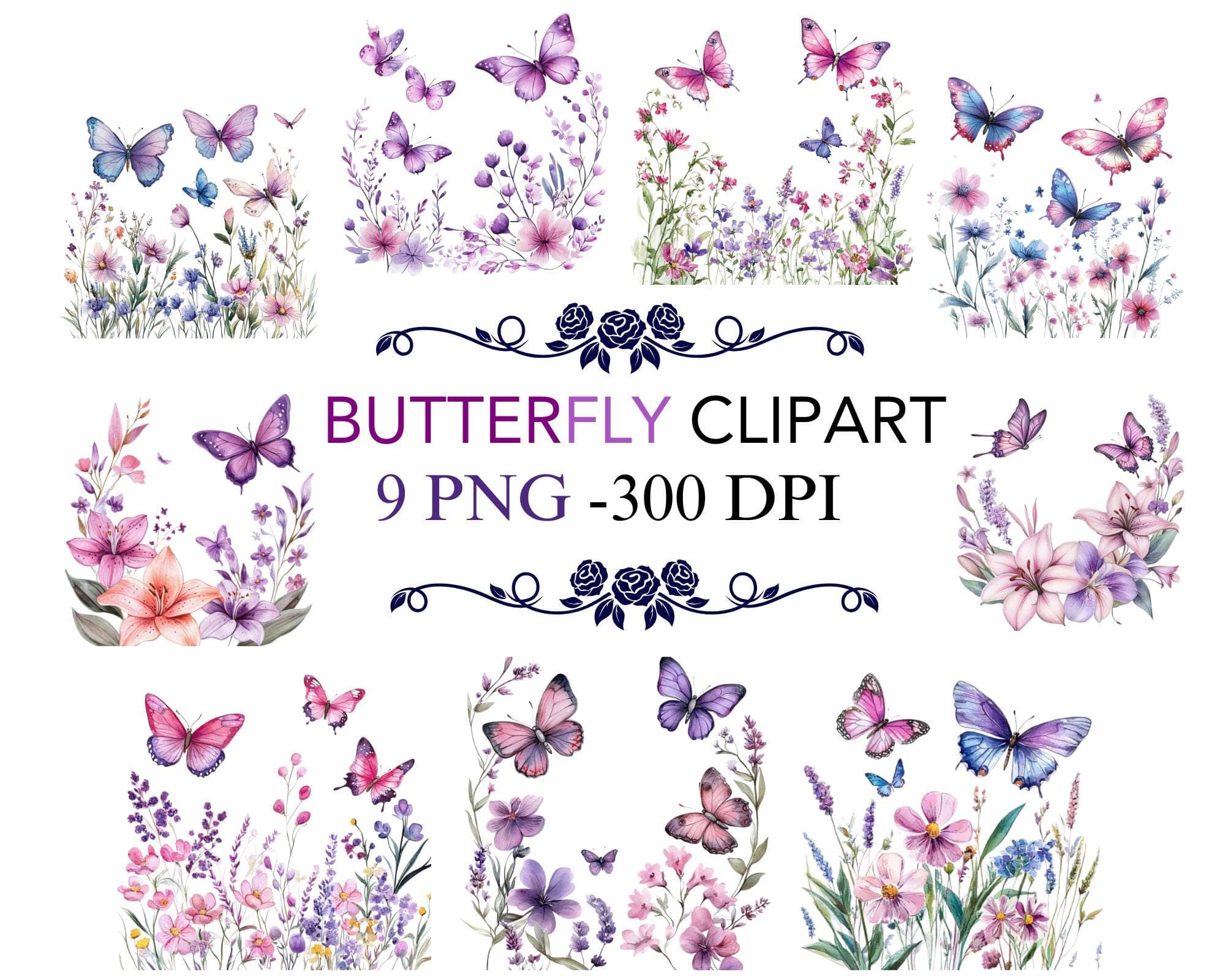 Butterfly Clipart, Butterfly PNG Flower Clipart, Purple Butterfly Clipart Bundle, Watercolor Butterfly Wings Flower PNG,