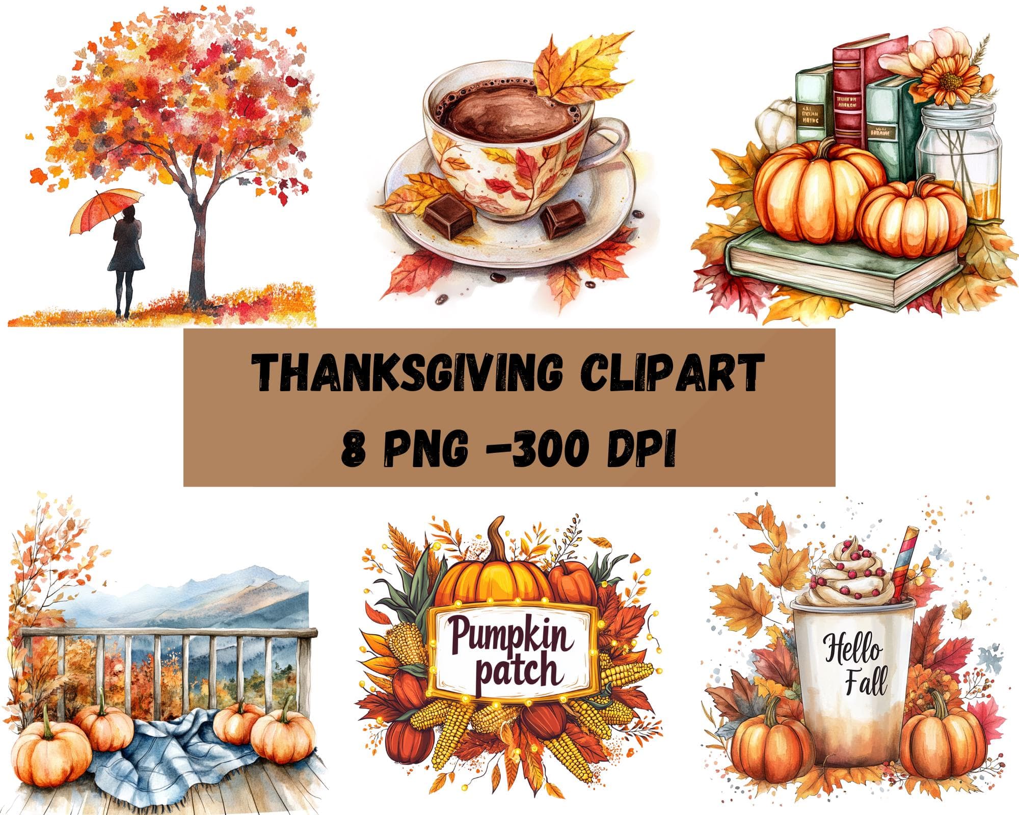 Watercolor Fall Clipart Bundle of 8 Thanksgiving PNGs Pumpkin Spice Coffee Cup Cottagecore Decor Instant Digital Download PNG
