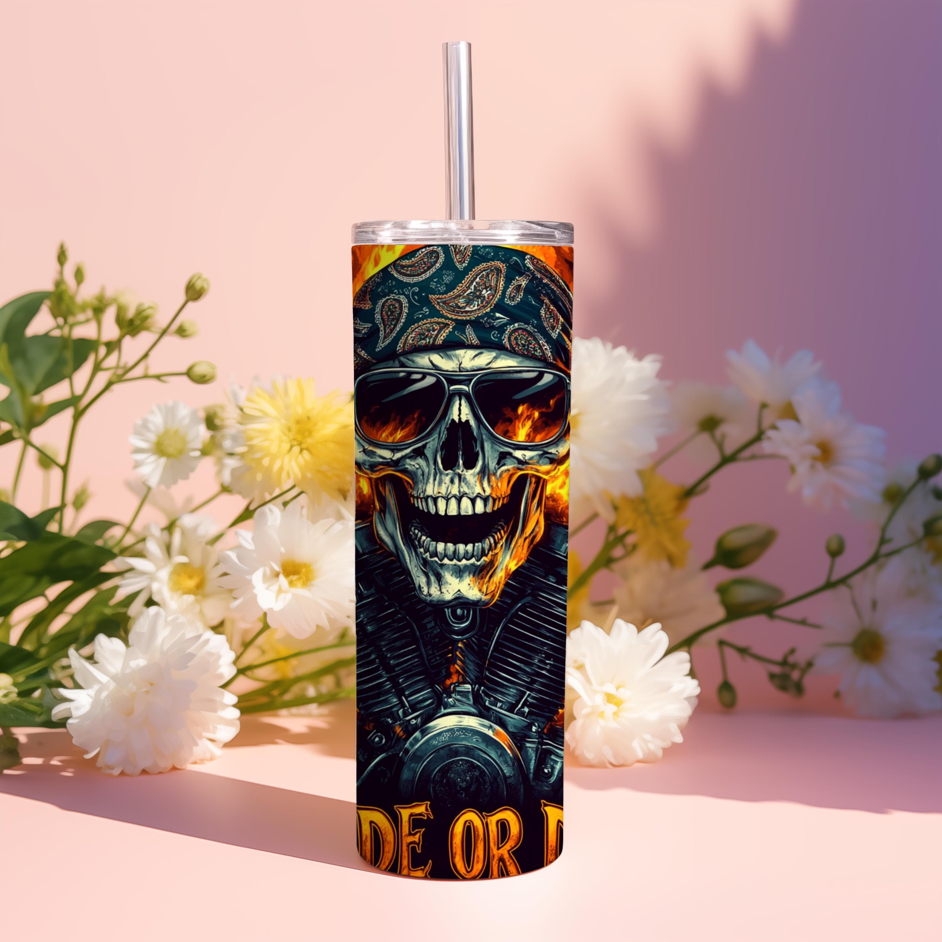 Motorcycle Tumbler Wrap, Ride or Die Skull Tumbler Wrap, 20 oz Skinny Seamless Sublimation Design, Motorcycle Wrap, Biker Skull Flames PNG - image 4
