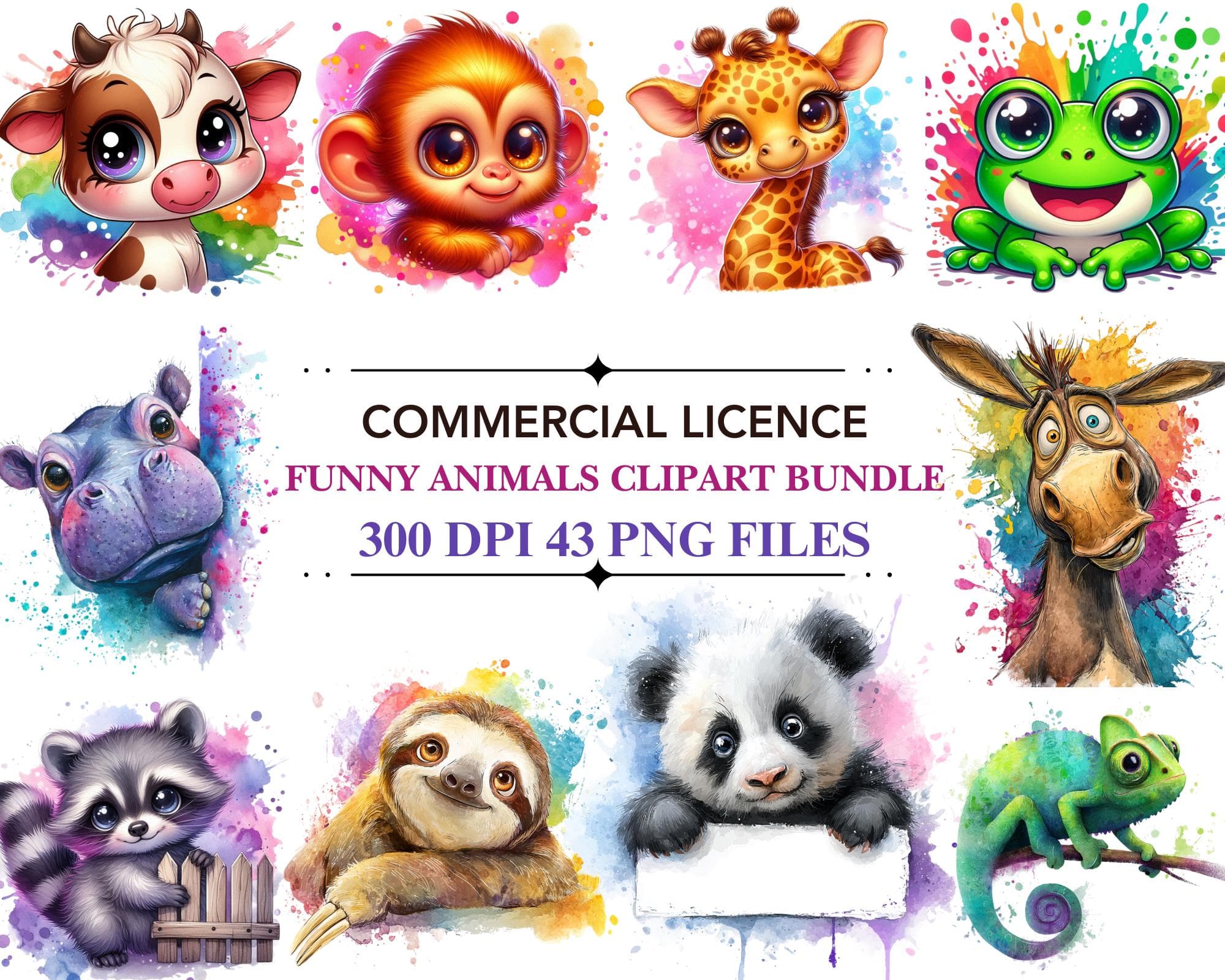 Cute Animal Clipart -Funny Watercolor Animals PNG Clipart Bundle -Watercolor Clipart for Digital Crafting and Scrapbooking -Digital Download