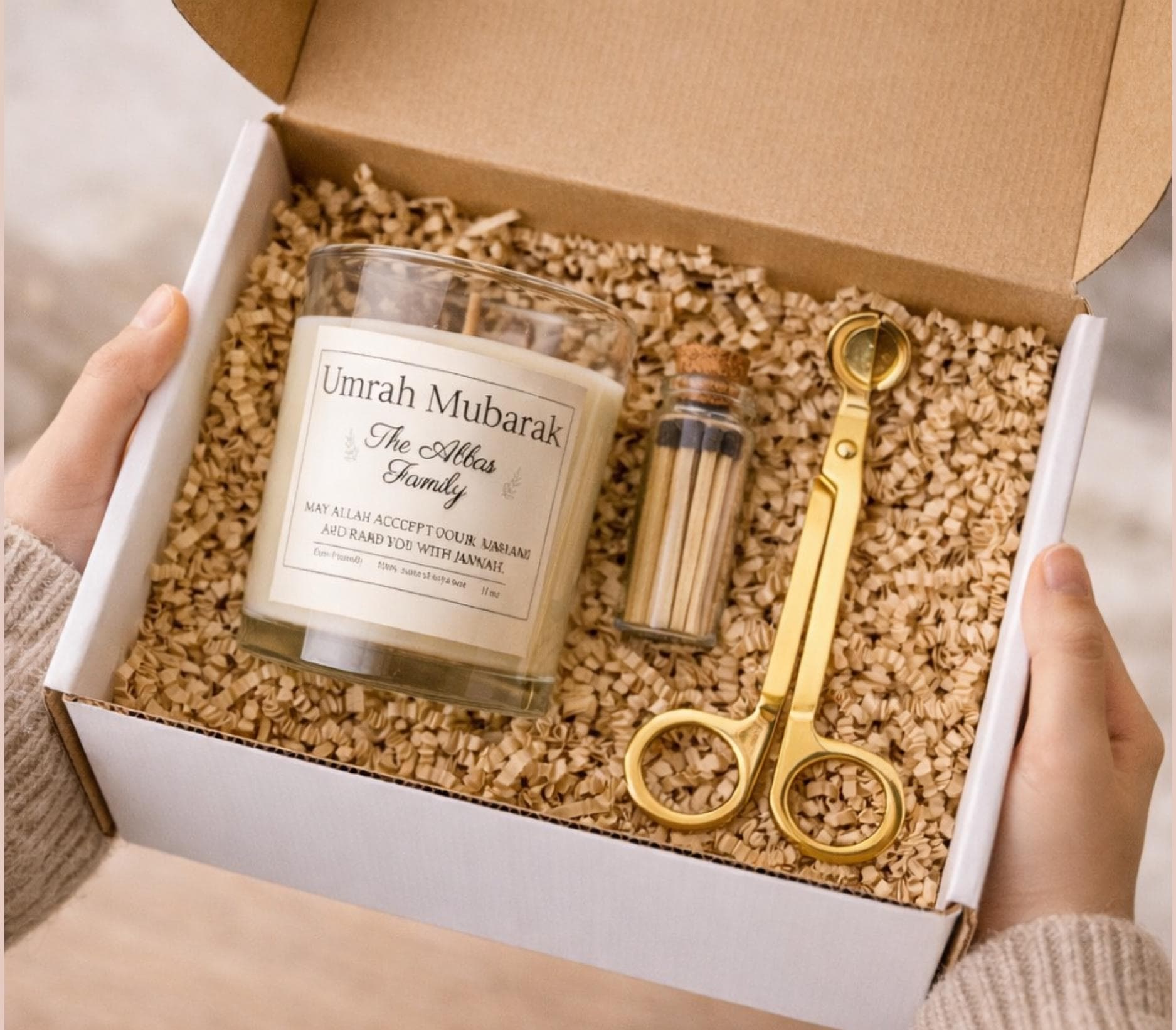 Personalized Umrah & Hajj Mubarak Gift Set-Umrah Gift Box For Women-Men-Adult-Family-Muslim Items-Customized Islamic Basket- Soy Candle