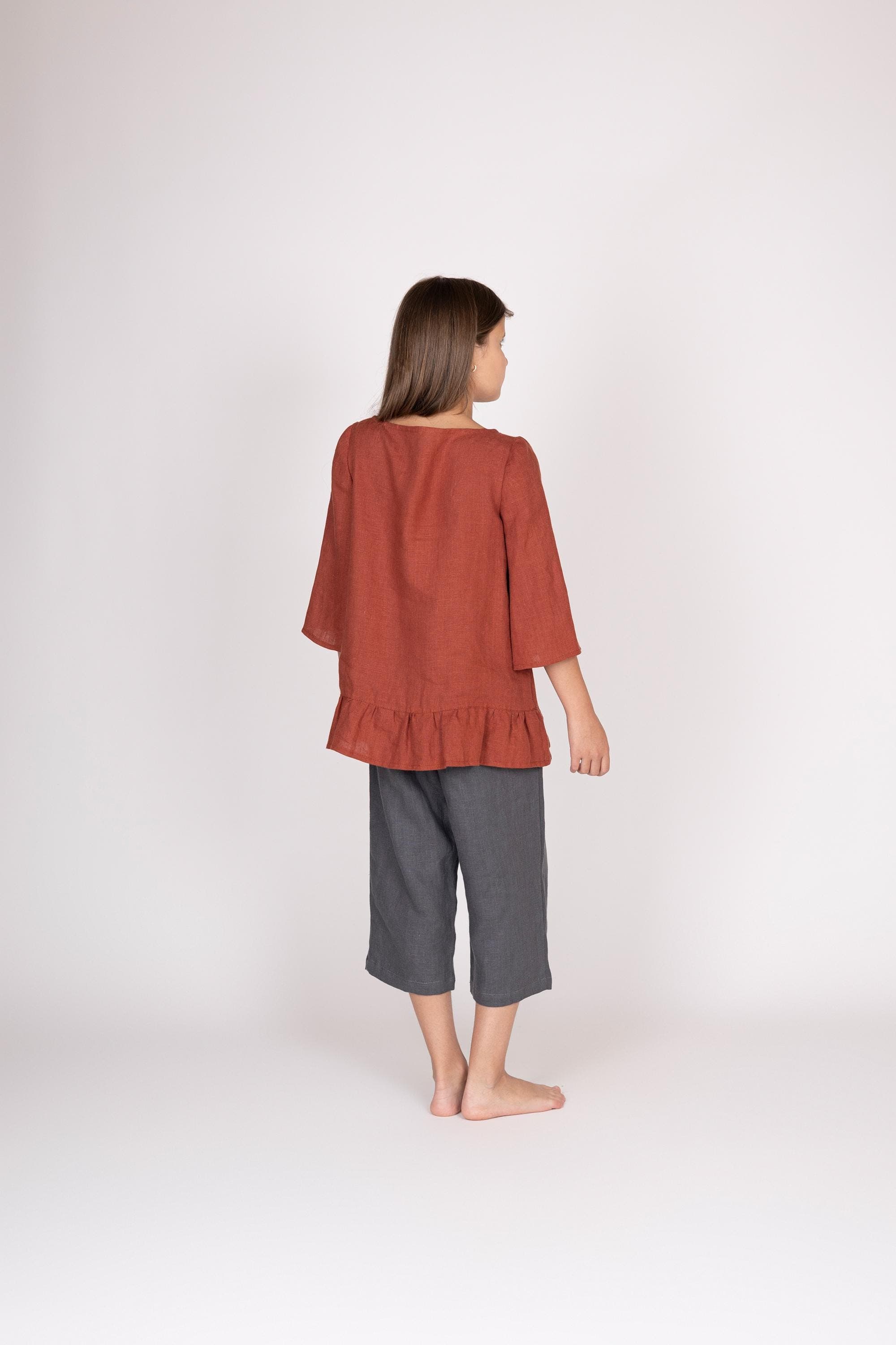 Belgian Linen Teens Blouse - 3/4 Sleeve Shirt - KIds Girls Terracotta Tops - 30 Colors - image 4