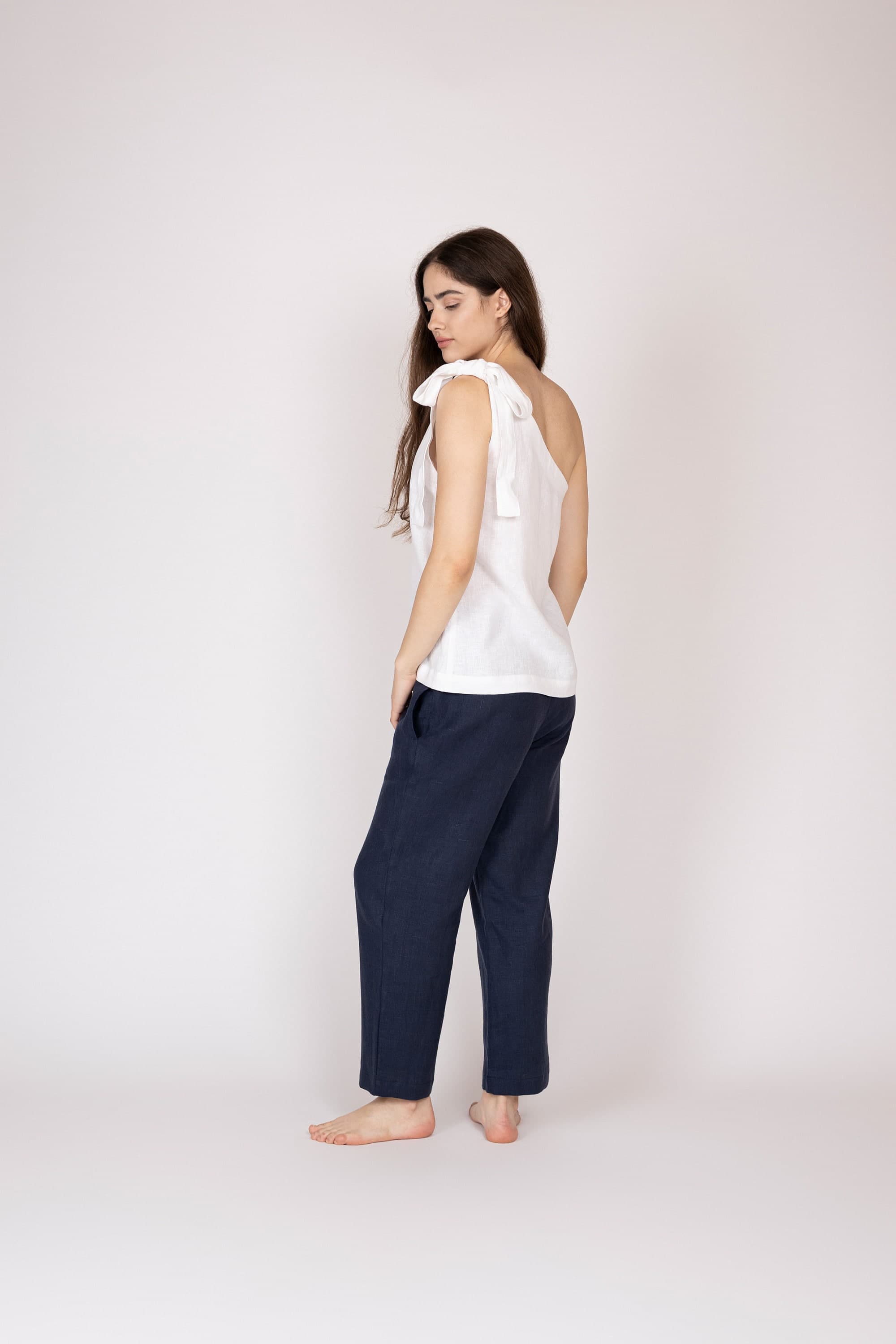 Belgian Linen Women One Shoulder Top - Toga Style Shirt - Greek Vacation Blouse - 30 Colors - image 4